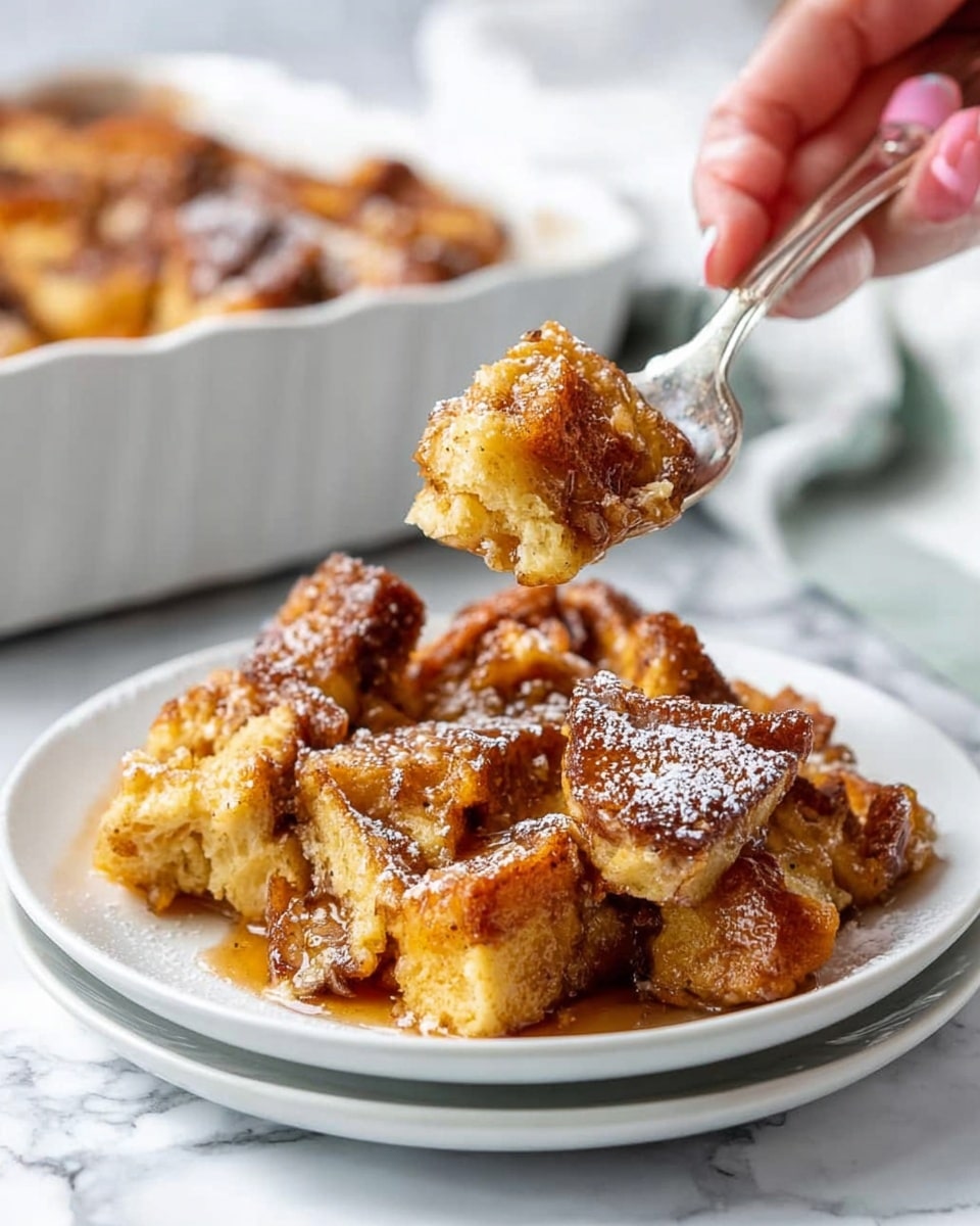 A white plate holds a serving of bread pudding made of golden brown toasted bread pieces with a slightly shiny, caramelized texture showing a soft inside and a crispy outside. The pieces are irregularly layered, some overlapping and some with a light dusting of powdered sugar. A woman's hand holding a fork is lifting a bite-sized piece from the plate, showing the moist and rich texture of the dessert. In the background, a white baking dish filled with more bread pudding sits slightly out of focus on a white marbled surface. The scene is softly lit, highlighting the warm colors and textures of the dish photo taken with an iphone --ar 4:5 --v 7