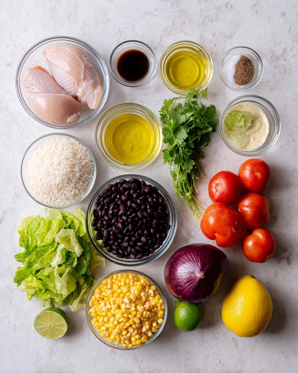 The image shows many fresh ingredients arranged neatly on a white marbled surface. There is one clear glass bowl with two pieces of raw chicken on the top left. Below it, there are smaller bowls holding yellow olive oil, dark brown sauce, and a powdery seasoning. Toward the center, a larger clear bowl contains white uncooked rice, next to fresh green cilantro. Next to these, there is a clear bowl filled with black beans and another with bright yellow corn kernels. On the right side, there are whole fresh vegetables: three red tomatoes, a purple onion, a dark green avocado, and a clear bowl filled with light green chopped lettuce. At the bottom, a bright yellow lemon and a green lime sit close to each other. The scene is well lit, with soft shadows and a clean, organized look photo taken with an iphone --ar 4:5 --v 7