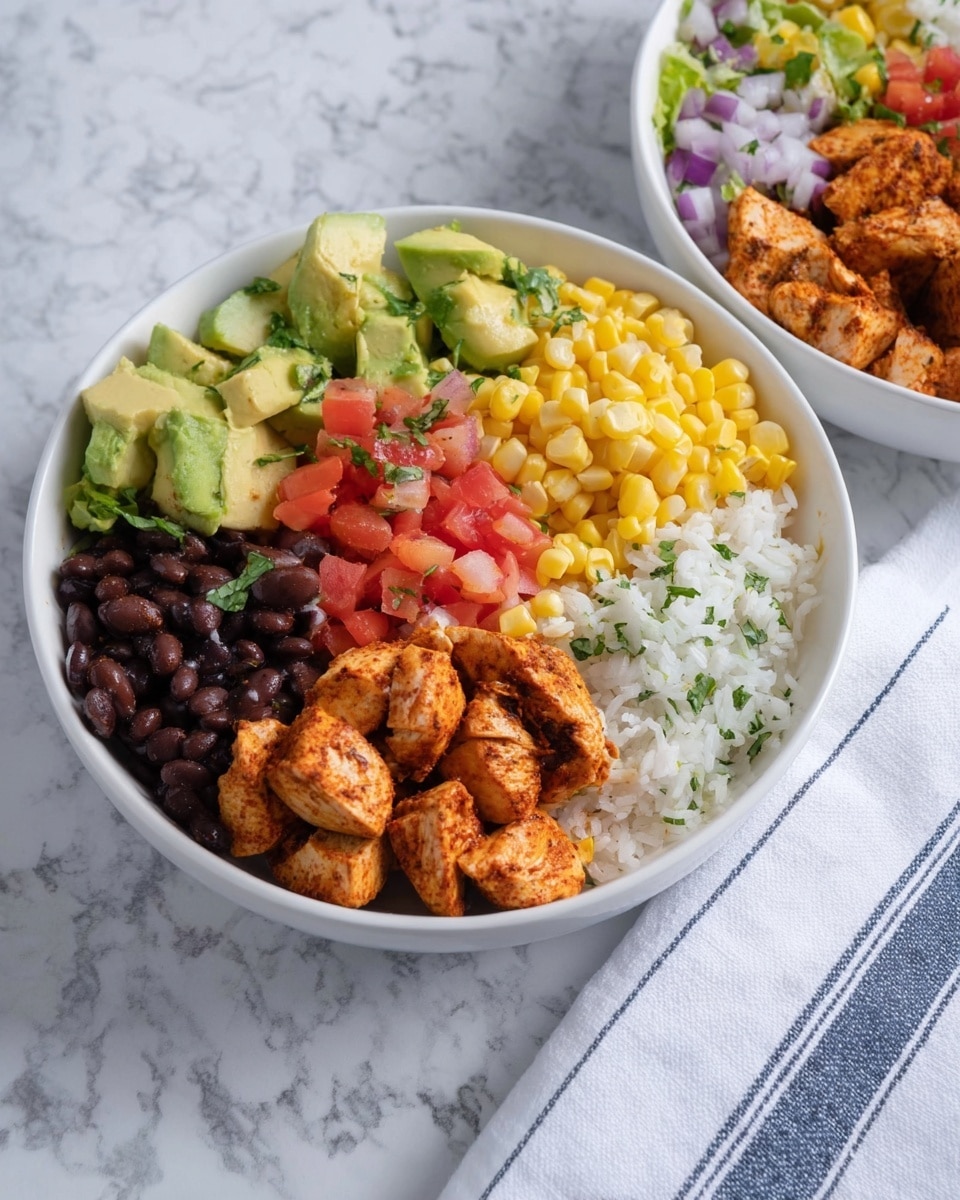 A white bowl holds six layers of food arranged neatly: at the bottom left are pieces of cooked chicken with a light reddish-brown color and a slightly spicy look; next to it on the right is a fluffy white rice mixed with green herbs; moving right, bright yellow corn kernels fill the space; above the corn are shiny black beans; to the left of the beans are diced red tomatoes; and next to the tomatoes on the top left are chunks of avocado with green flesh and dark green skin. A few small pieces of purple onion are scattered near the chicken, avocado, and tomato. The bowl sits on a white marbled surface with a white and blue striped cloth nearby. Another similar bowl is partially visible on the right side. Photo taken with an iphone --ar 4:5 --v 7