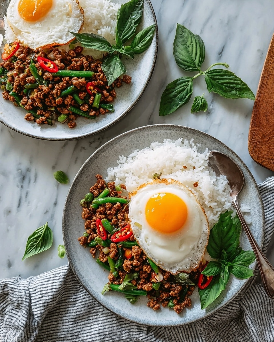 Two white plates each hold a meal with three layers. The bottom layer is fluffy white rice, spread on one side of the plate. On top of the rice is a layer of cooked ground meat mixed with chopped green beans, diced onions, and small red chili slices, showing a mix of brown, green, and red colors. On the top layer, in the center, is a sunny-side-up fried egg with a bright yellow yolk and white edges. Fresh green basil leaves are placed at the edge of each plate for garnish. One plate has a silver spoon resting on the rice side, and both plates sit on a white marbled surface with a striped cloth and a wooden board nearby. Photo taken with an iphone --ar 4:5 --v 7