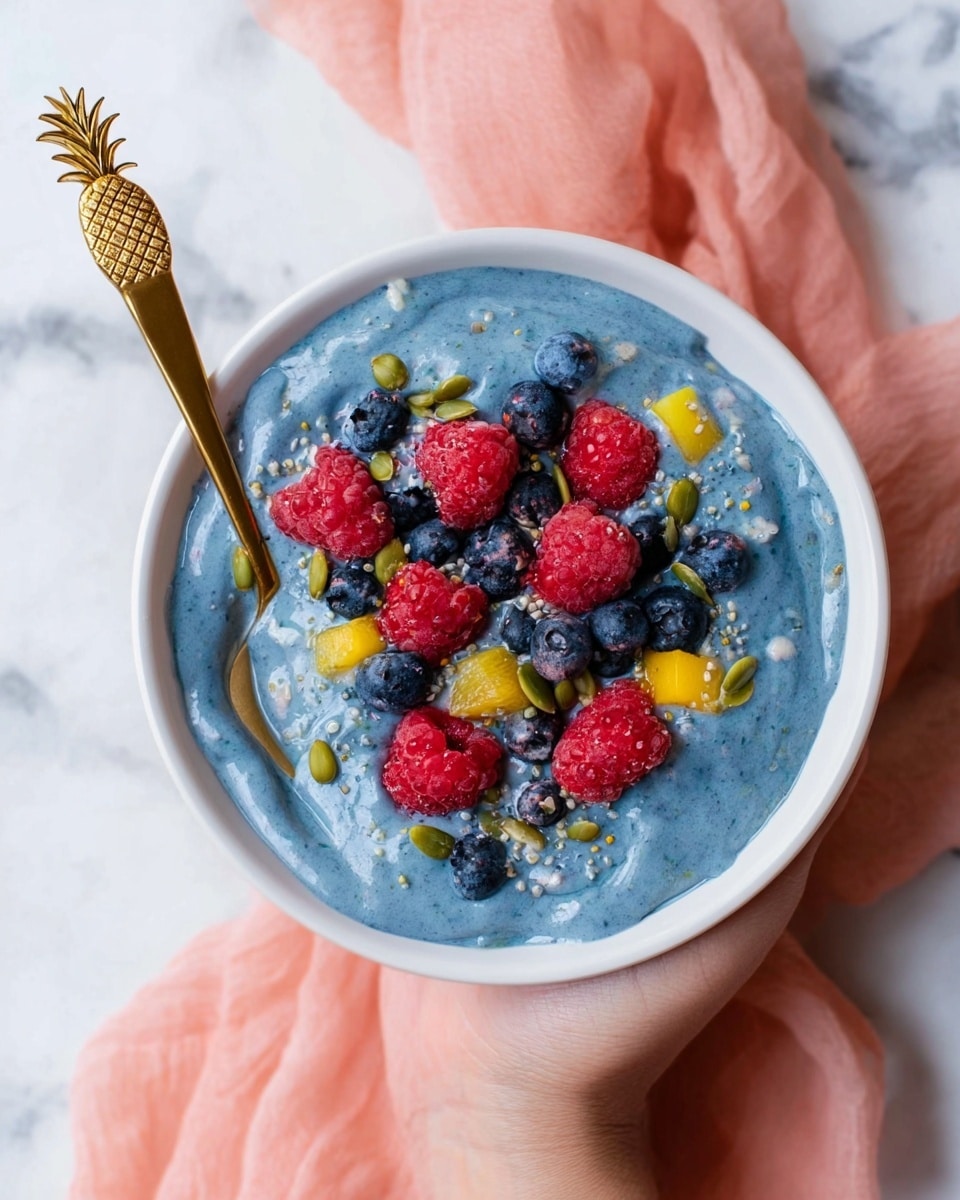 A white bowl filled with a thick, creamy blue smoothie mixture as the base layer, topped with bright red raspberries, dark blue blueberries, and small yellow fruit pieces scattered evenly on top. Green pumpkin seeds and tiny light-colored seeds are sprinkled over the bowl, adding texture. A gold spoon with a pineapple-shaped handle is placed inside the bowl on the left side. A woman's hand holds the bowl from the right side, and soft peach-colored fabric is underneath. The background has a white marbled texture. photo taken with an iphone --ar 4:5 --v 7