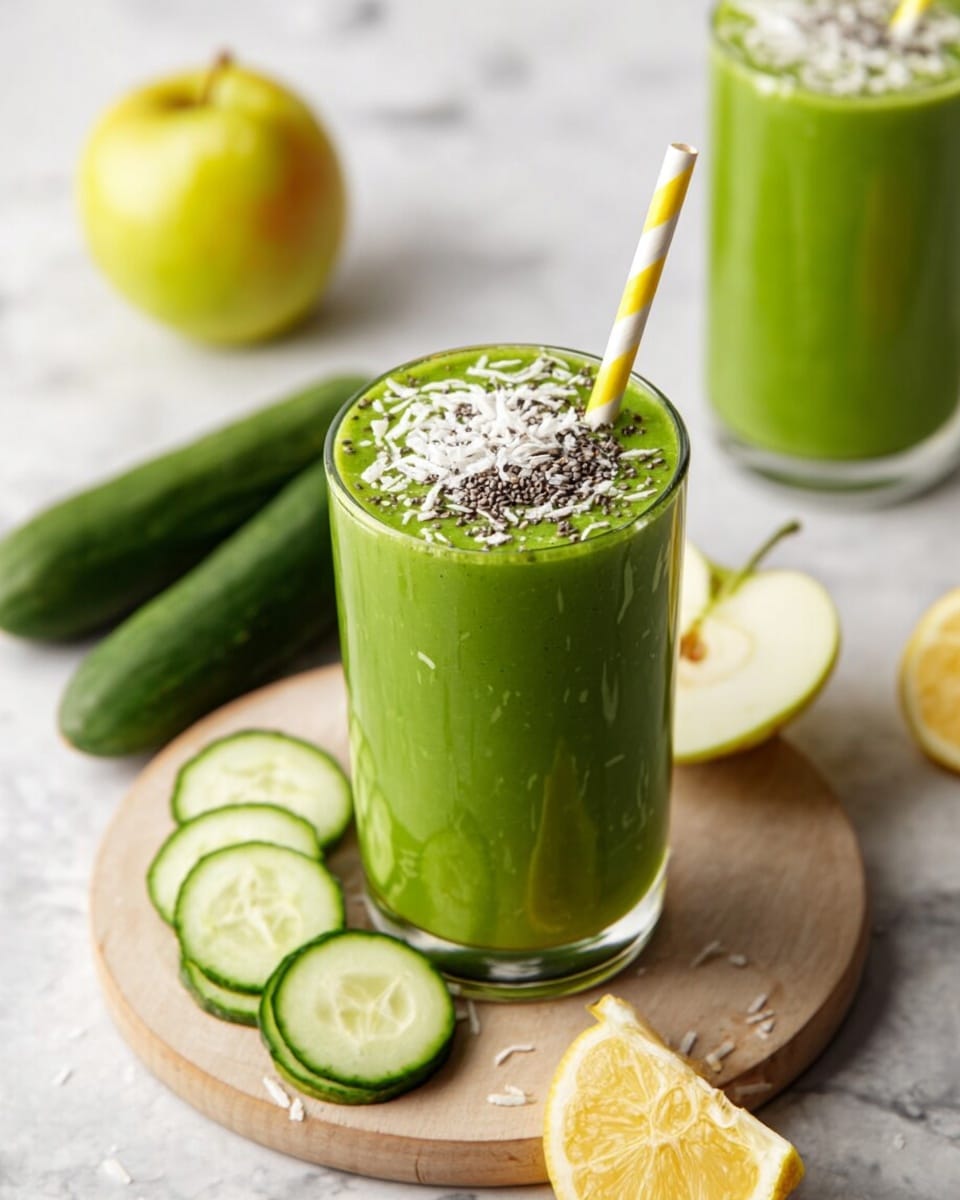 The image shows a clear glass filled with a smooth, bright green smoothie. On top of the smoothie, there is a small layer of white shredded coconut and dark chia seeds sprinkled evenly. A yellow and white striped straw is inside the glass, leaning slightly to one side. The glass is placed on a light wooden round board, which rests on a white marbled surface. Around the glass, there are fresh fruits and vegetables: two whole cucumbers with dark green skin, some cucumber slices showing light green flesh and seeds, a cut green apple with pale green skin and white inside, and a few lemon wedges with yellow skin and juicy flesh. Another glass with green smoothie and similar toppings is blurred in the background. photo taken with an iphone --ar 4:5 --v 7