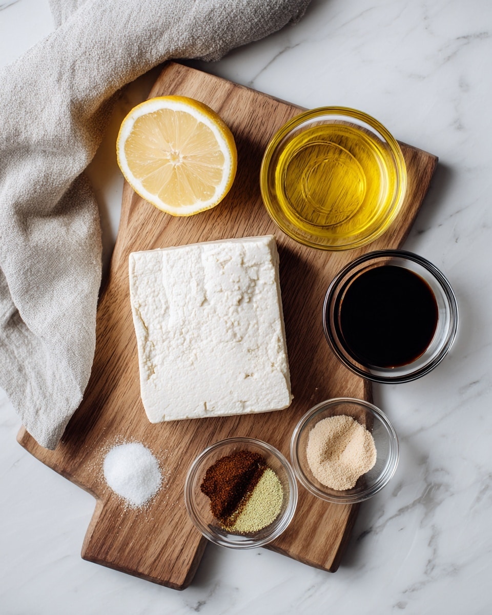 The image shows a white block of tofu placed on a wooden cutting board, positioned on the left side. On the board above the tofu is a half lemon with the cut side facing up, showing its yellow peel and light yellow inside. Around the board, there are three small clear glass bowls. The top bowl contains bright yellow oil, the middle bowl to the right holds dark brown soy sauce, and the bottom bowl has four small piles of different spices in pale green, beige, light brown, and earthy colors. A light gray textured cloth is casually placed at the top left corner near the board. The whole setup is on a white marbled surface. photo taken with an iphone --ar 4:5 --v 7