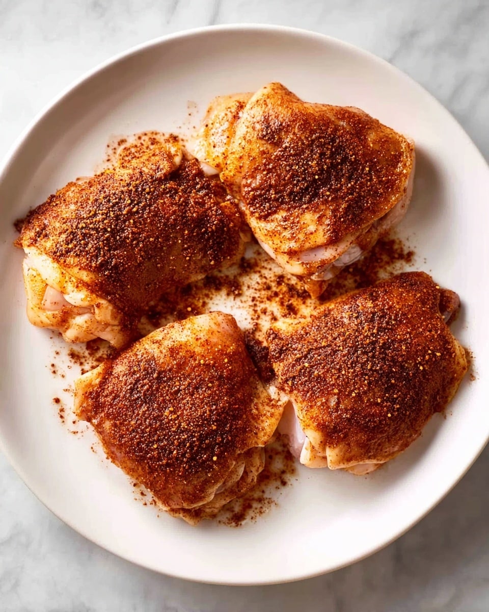 The image shows a round white plate placed on a white marbled surface, holding four pieces of raw chicken thighs. Each piece is covered evenly with a layer of reddish-brown spice mix, giving a textured and slightly grainy look. The chicken pieces are positioned spread out, with some space between them, showing the white plate underneath. The spices have a rich color that contrasts with the pale pink and white parts of the chicken, creating a clear separation between the layers of meat and seasoning. photo taken with an iphone --ar 4:5 --v 7