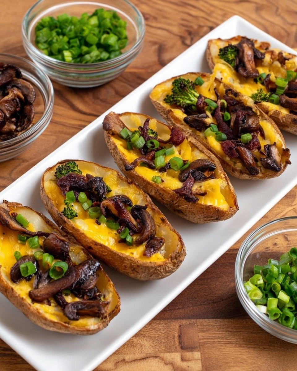 The image shows five potato skins lined up on a long white plate on a wooden surface. Each potato skin has three main visible layers: the crispy golden-brown outer shell, a layer of melted yellow cheese dripping slightly, and dark brown cooked mushroom slices on top. Small pieces of bright green chopped spring onions and bits of green broccoli are sprinkled on each potato skin, adding a fresh color contrast. On the top left and bottom right corners of the frame, there are two small clear glass bowls, one filled with chopped green spring onions and the other filled with extra cooked mushrooms. The background is a white marbled texture. photo taken with an iphone --ar 4:5 --v 7