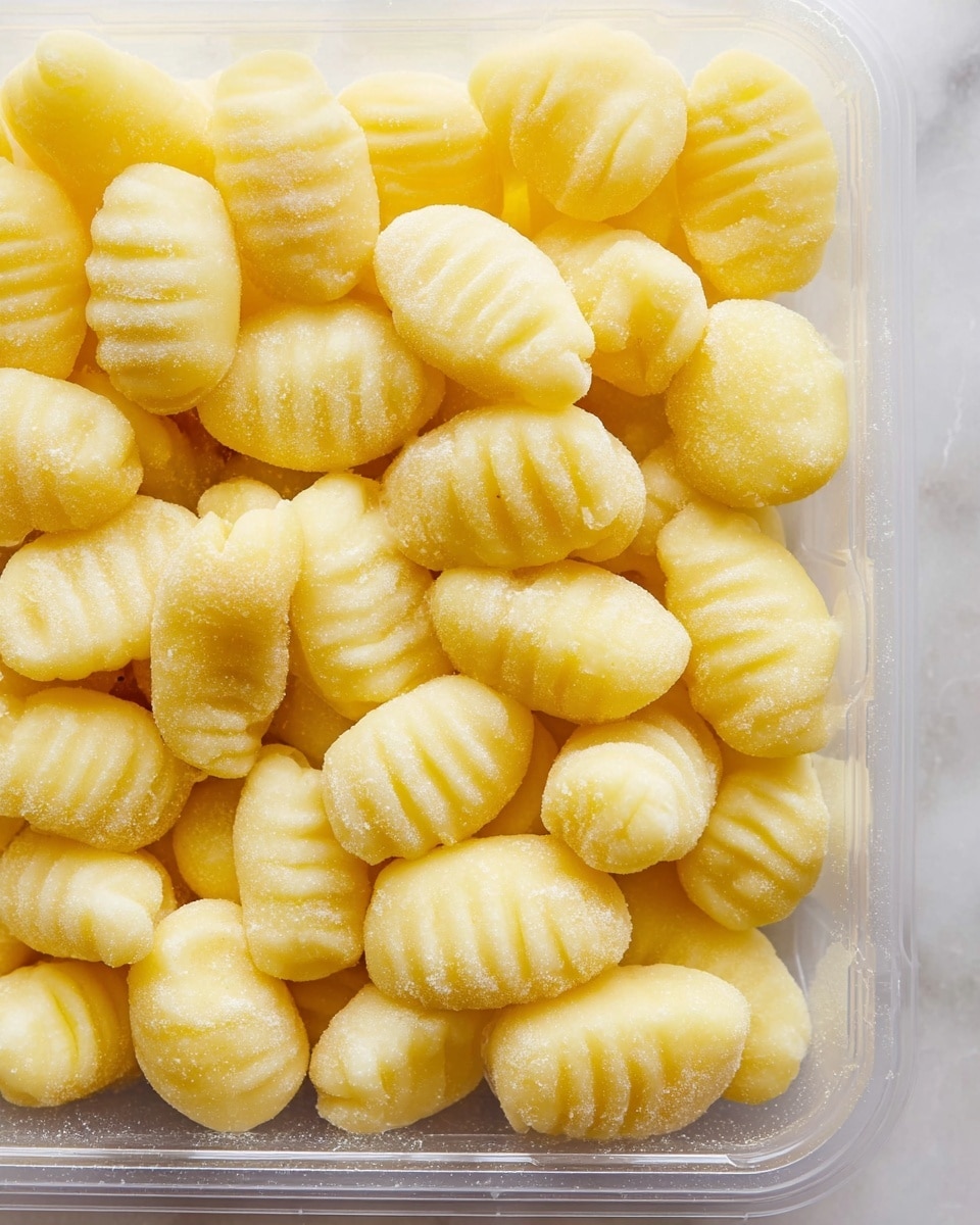 A close-up view of many small, yellow gnocchi pieces tightly packed together in a clear plastic container. Each gnocchi has soft ridges and smooth rounded edges, with a slightly powdery texture from flour. The background shows a white marbled surface visible through the clear container edges. The lighting highlights the soft, doughy consistency of the gnocchi, making their pale yellow color look fresh and inviting. photo taken with an iphone --ar 4:5 --v 7