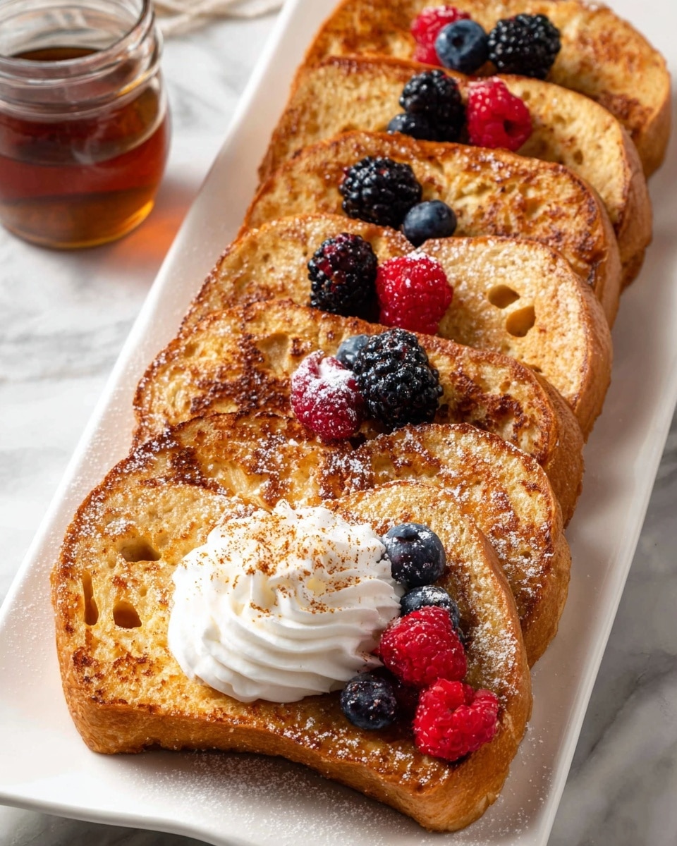 A white rectangular plate is filled with six golden-brown slices of French toast arranged in a row, each slice showing a crisp, slightly textured surface with small holes from the bread. On top of the front slice, there is a dollop of white whipped cream dusted with light brown cinnamon, while the other slices are decorated with small clusters of fresh berries including blackberries, raspberries, and blueberries. The berries add deep black, bright red, and dark blue colors that contrast with the warm tones of the toast. A light dusting of white powdered sugar is sprinkled across the French toast and berries. To the side, a small clear glass jar filled with dark amber syrup sits on a white marbled surface. photo taken with an iphone --ar 4:5 --v 7