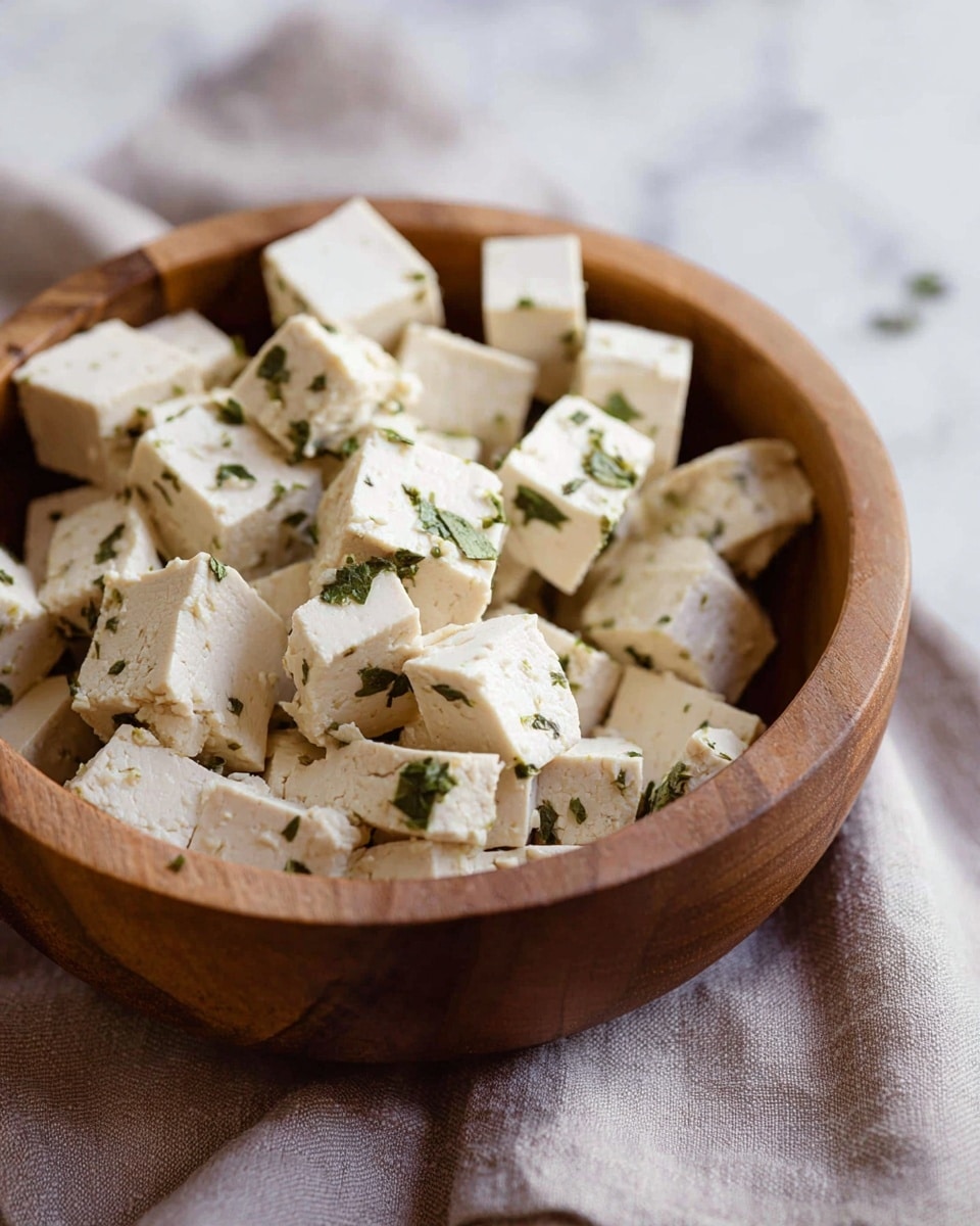 A wooden bowl filled with many small cubes of pale creamy tofu mixed with small green herb pieces scattered on and around the tofu cubes, showing a soft texture. The bowl is placed on a neutral cloth over a white marbled surface, with soft natural light highlighting the details. Photo taken with an iphone --ar 4:5 --v 7