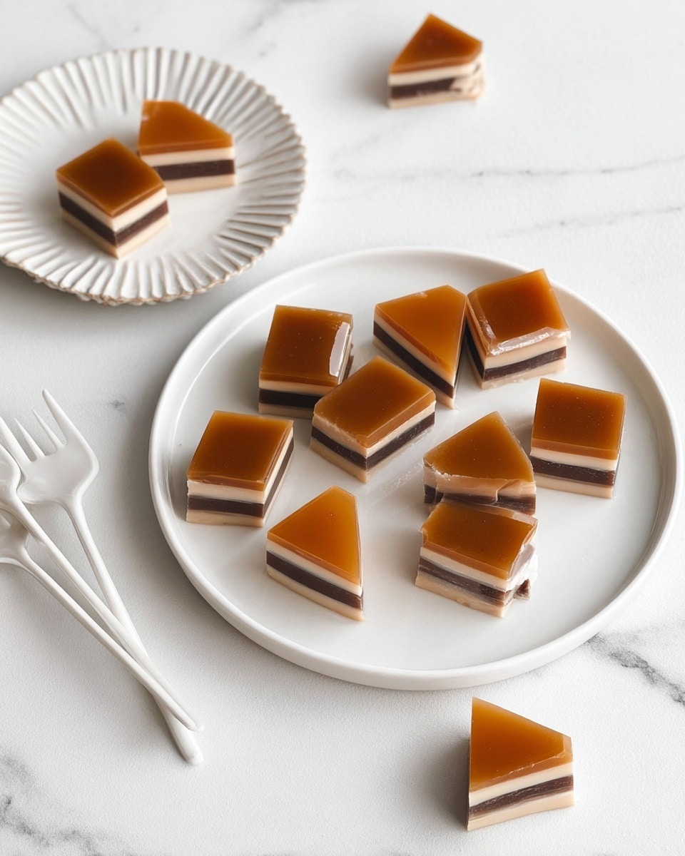 A white plate holds several small diamond-shaped pieces with a shiny, smooth caramel-colored top layer. Mixed among these are pieces with four horizontal layers in alternating light cream and dark brown colors, each layer thick and even, showing clean edges. The pieces are neatly arranged on a white marbled surface. Nearby, a smaller white plate with scalloped edges holds a few of the same layered pieces and a caramel-topped diamond shape. White forks lie beside the plates. Photo taken with an iphone --ar 4:5 --v 7