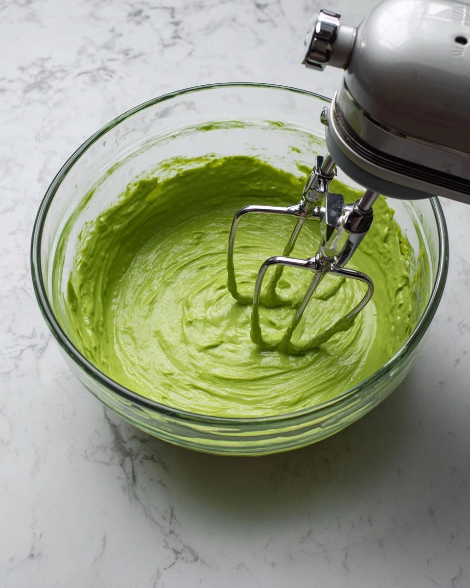 A clear glass bowl filled with a thick, smooth bright green mixture being mixed by a silver electric hand mixer with two beaters inside the bowl. The green mixture covers the sides of the bowl unevenly, and you can see the swirl marks from the mixer at the bottom center. The bowl is placed on a white marbled surface. photo taken with an iphone --ar 4:5 --v 7