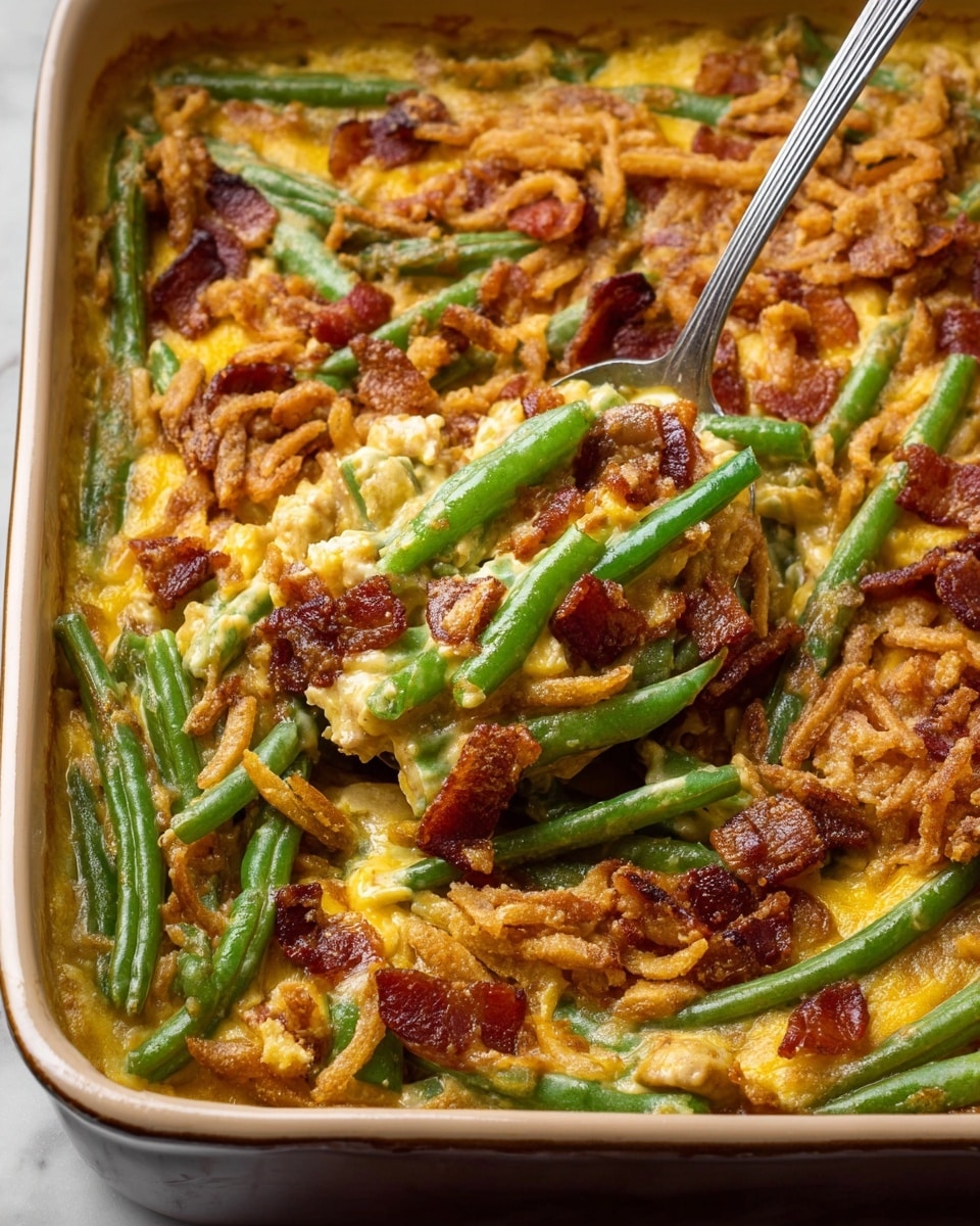 The dish is a baked casserole in a beige baking dish filled with a mix of green beans, golden melted cheese, crispy fried onions, and reddish-brown bacon pieces. The top layer consists mainly of bright green whole green beans covered lightly with melted yellow cheese and crunchy fried onions that add texture. Scattered pieces of bacon add a dark reddish-brown color contrast throughout. A silver spoon scoops up a portion of the casserole from the corner, showing the gooey cheese stretching around the green beans and bacon. The casserole sits on a white marbled surface photo taken with an iphone --ar 4:5 --v 7