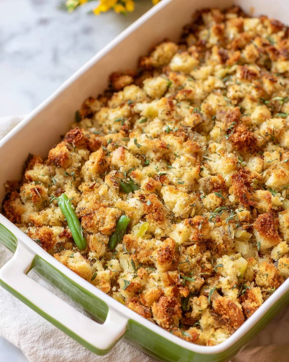 The image shows a casserole dish filled with a baked stuffing dish. It has a golden brown and crunchy top layer made of bread crumbs mixed with herbs. Beneath the top, the stuffing appears soft with visible pieces of green beans scattered throughout the mixture. The dish is placed on a white marbled surface, and the casserole dish is white with a green outside border and handles. Photo taken with an iphone --ar 4:5 --v 7