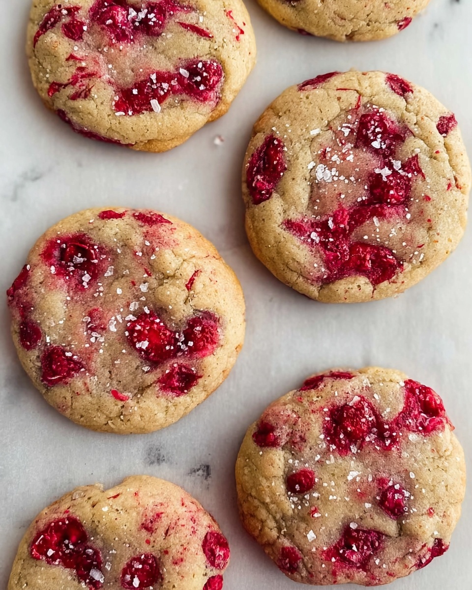 Vanilla Raspberry Cookies Recipe 5 Five round cookies with light brown dough and bright red fruit pieces are placed on white parchment paper on a white marbled surface. Each cookie has shiny flakes of white salt sprinkled on top, with the red fruit creating uneven patterns and textures on the surface. The cookies look soft and thick, with some areas where the red fruit seems melted into the dough. The image is closely focused on the cookies from above. photo taken with an iphone --ar 4:5 --v 7