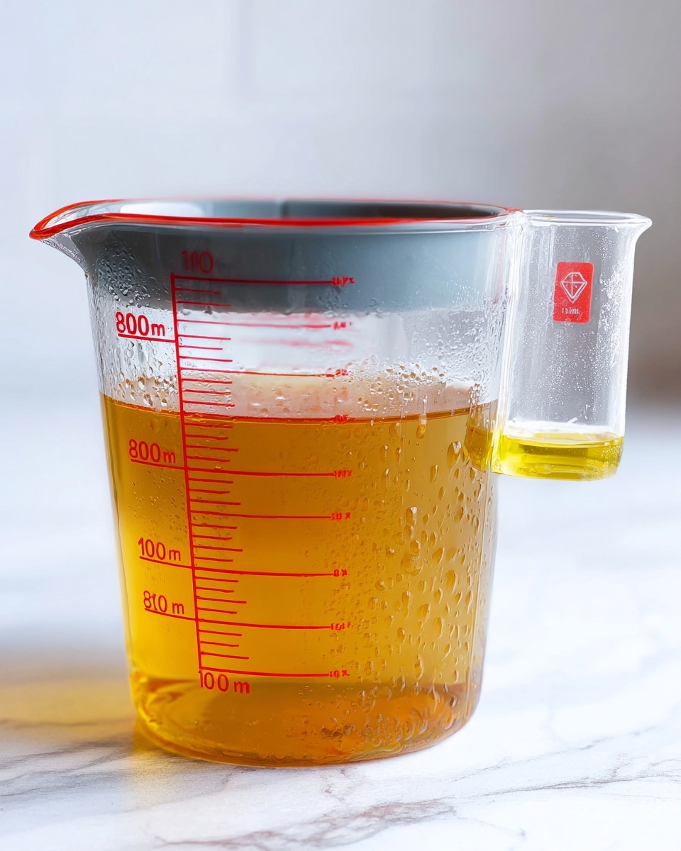 The Best Turkey Gravy Recipe 4 A clear plastic measuring cup filled with a golden-brown liquid up to the 800 ml mark is shown; the cup has red measurement markings on the side and a dark gray rim around the top. Attached to the side of the cup is a small clear tube with a red logo on it, which contains a small amount of yellow liquid. The cup sits on a white marbled surface with water droplets visible on its outer walls. The background is softly blurred in white tones, giving a clean and bright feel. Photo taken with an iphone --ar 4:5 --v 7