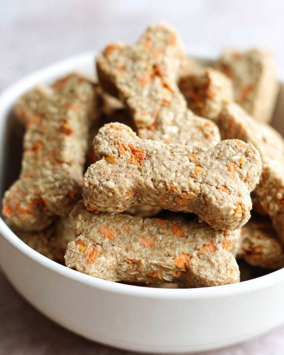 A close-up view of several bone-shaped oat treats with small orange bits, stacked loosely inside a white bowl. The treats are rough-textured, showing visible oats and carrot pieces, and have a light brown color with some orange flecks. The inside of the bowl is smooth and white, filled nearly full with these oat treats. The background is a soft focused white marbled texture. photo taken with an iphone --ar 4:5 --v 7