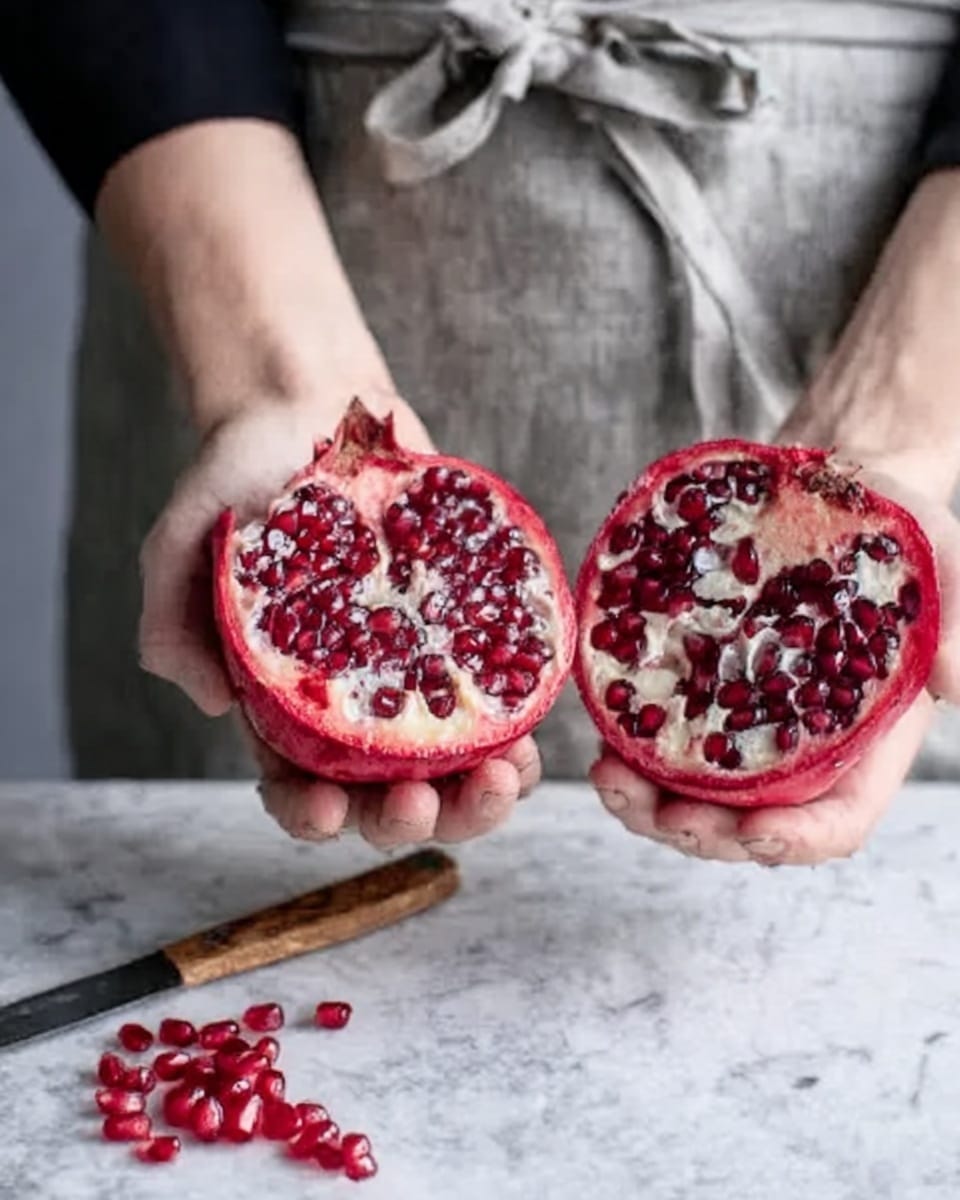A woman’s hands hold a pomegranate split open in two halves, showing shiny red seeds inside. The fruit’s outer skin is bright red with rough texture, while the inside is white and fleshy with clusters of seeds. Some loose seeds lie on a white marbled surface below the fruit. A small knife with a wooden handle rests nearby. The woman wears a grey apron tied around the waist and a black shirt. The composition focuses on the natural colors and textures of the pomegranate and the hands. Photo taken with an iphone --ar 4:5 --v 7