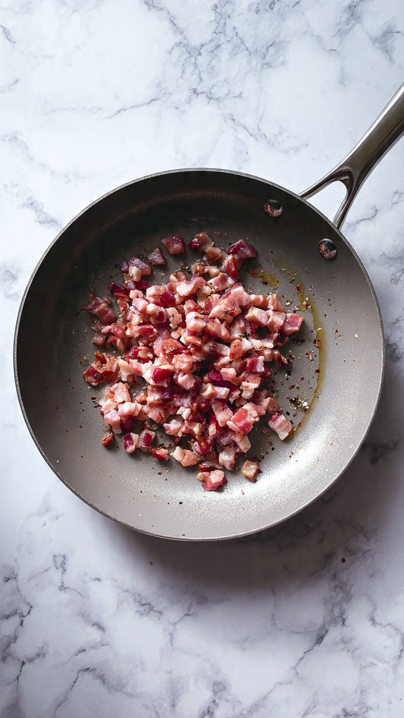 In the center of a gray pan with a silver handle, there is a small pile of diced bacon pieces showing a mix of pink, red, and white colors. The pan also contains a thin layer of oil underneath the bacon on the right side. The pan sits on a surface with a white marbled texture. photo taken with an iphone --ar 4:5 --v 7