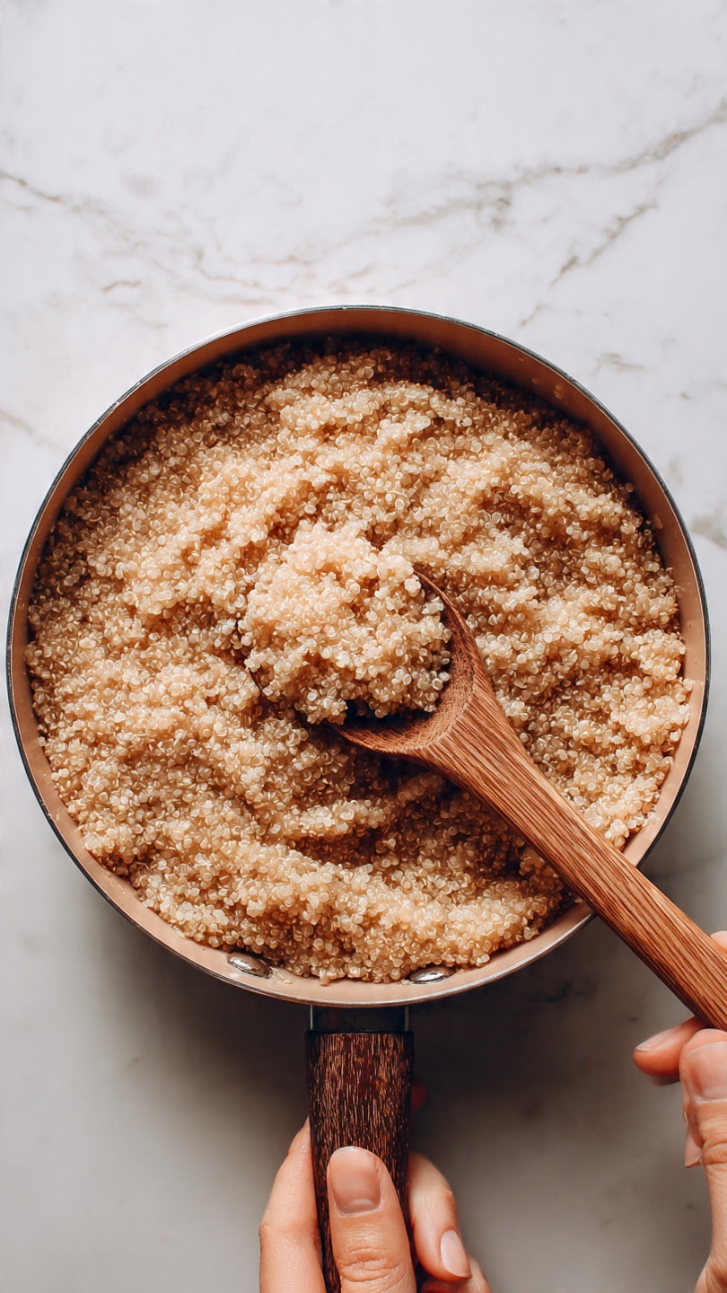 The image shows a close-up of a pan filled with cooked quinoa porridge that has a light brown color and a soft, grainy texture. A wooden spoon with a darker tip is partially inserted into the porridge on the right side, lifting some of it, revealing the thick consistency. The pan is held by a woman's hand near the bottom, and all of this is set against a white marbled surface. photo taken with an iphone --ar 4:5 --v 7