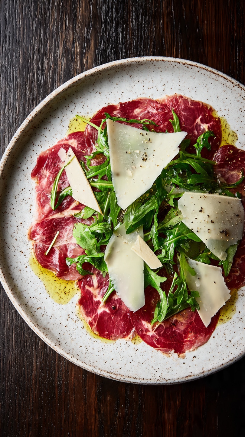 A white speckled plate holds a thin layer of red cured meat with marbled fat spread all over the surface. On top, there are scattered bright green arugula leaves with a fresh, slightly glossy texture. Large, thin slices of white cheese are unevenly placed over the meat and greens, some pieces showing a smooth surface while others are slightly curled. A light drizzle of golden oil adds shine, and a sprinkle of black pepper and coarse salt dots the dish. The plate sits on a dark wooden surface, contrasting with the plate’s speckled texture and colorful ingredients. photo taken with an iphone --ar 4:5 --v 7