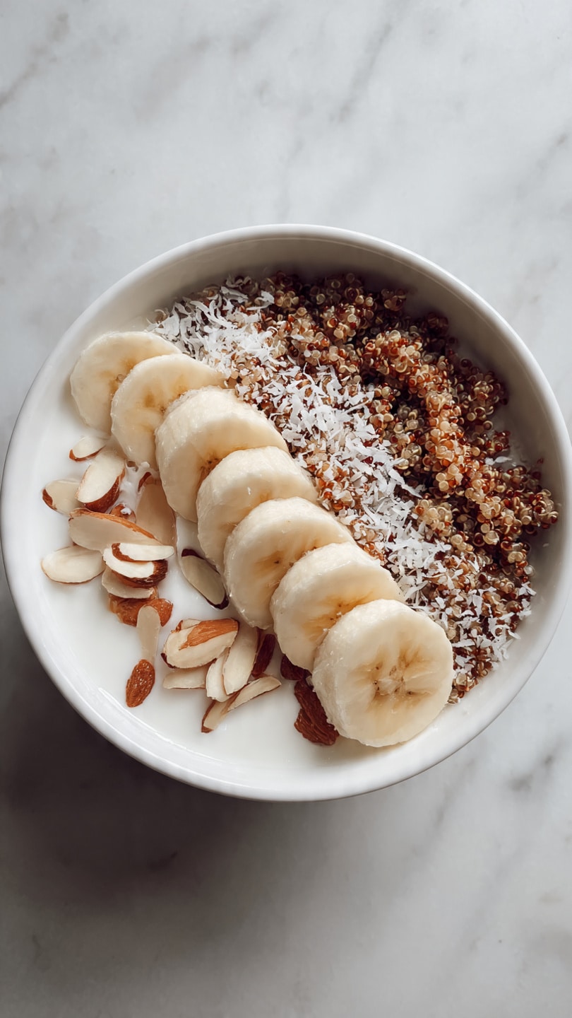 A white bowl filled with three layers: the bottom layer is light brown cooked grains, topped with a thin layer of white milk. On top, there are banana slices arranged in a row along one side, and thin, light beige almond slices mixed with white coconut flakes spread over the other side. The bowl is placed on a white marbled surface. photo taken with an iphone --ar 4:5 --v 7