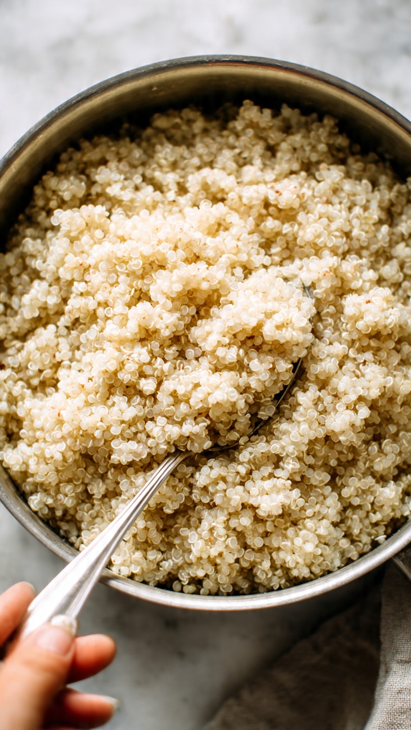 A close-up view of a pot filled with fluffy, cooked quinoa, showing many small, round, pale off-white grains with a slightly translucent texture. A silver spoon is stirring the quinoa, and a blurred woman's hand can be seen holding the spoon from the left side of the image. The background and surface have a white marbled texture. photo taken with an iphone --ar 4:5 --v 7