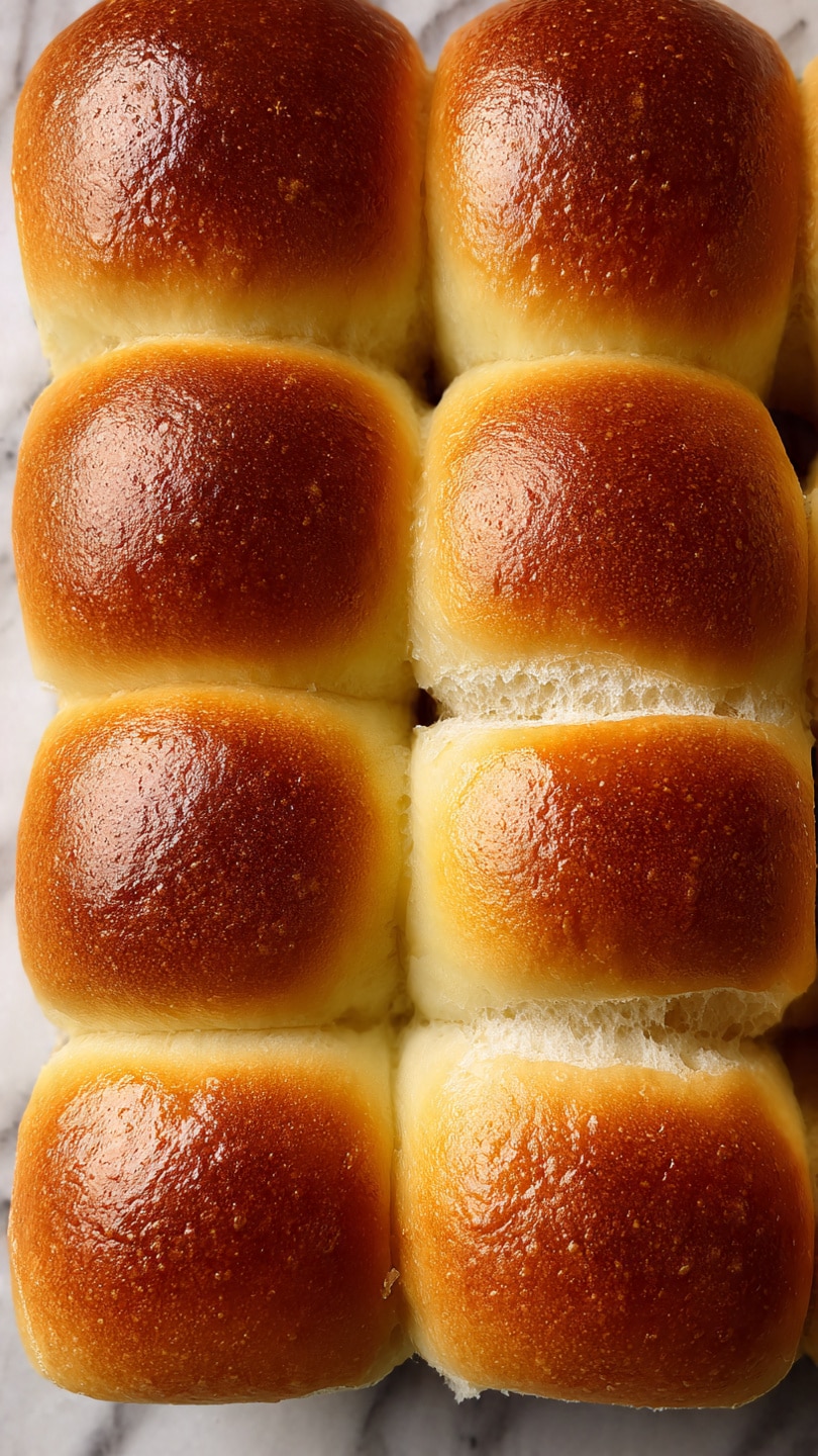 The image shows nine soft bread rolls arranged in a 3 by 3 grid inside a pan, touching each other closely. Each roll has a shiny, golden brown top with a smooth texture and a slightly lighter yellowish color on the sides. The bottom layer is a soft white bread texture visible where one roll is slightly pulled apart, revealing its fluffy inside. The background surface is a white marbled texture. Photo taken with an iphone --ar 4:5 --v 7