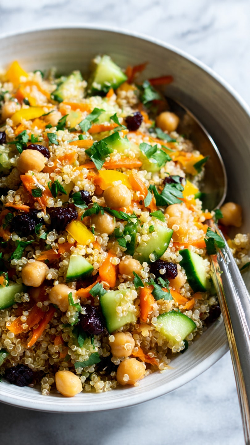 A close-up view of a white bowl filled with a colorful quinoa salad with many layers of small round quinoa grains as the base. Mixed in are diced bright green cucumbers, orange shredded carrots, and yellow bell peppers, adding vibrant colors and fresh textures throughout the dish. Dark navy blue dried berries, light brown chickpeas, and green leafy herbs are scattered on top and inside, creating visual interest and contrast. A spoon with a shiny silver handle is partially visible next to the bowl on a white marbled surface. photo taken with an iphone --ar 4:5 --v 7