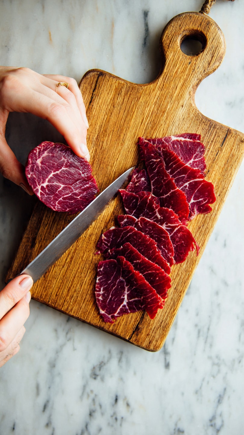 A close-up image shows a woman's hand holding a piece of dark red meat on the left side of a wooden cutting board with a rounded handle and a hole near the top. The woman’s hand on the right side holds a knife slicing the meat into thin pieces. The slices are a rich marbled dark red with lighter veins and lay in a small stack on the board. The cutting board rests on a white marbled surface photo taken with an iphone --ar 4:5 --v 7