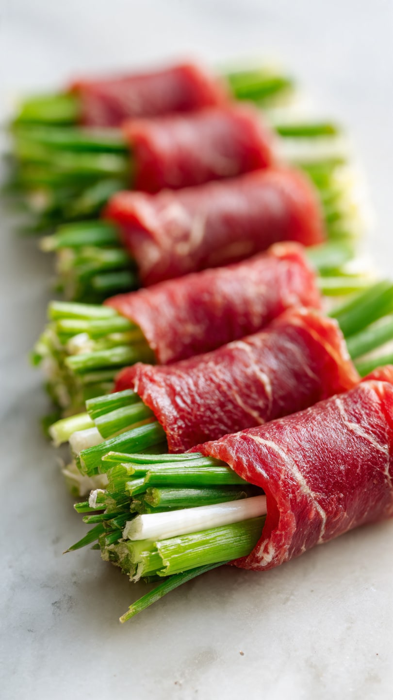 There are five small rolls lying in a row on a white marbled surface. Each roll has two layers: a bright red outer layer that looks like thinly sliced meat or a similar textured wrap, and inside it, a bundle of green onions or chives with white ends, neatly tucked in. The rolls are tightly wrapped, showing the green onion tips clearly at the open ends. The background and surface are very bright and soft, drawing full attention to the tightly rolled snack. Photo taken with an iphone --ar 4:5 --v 7