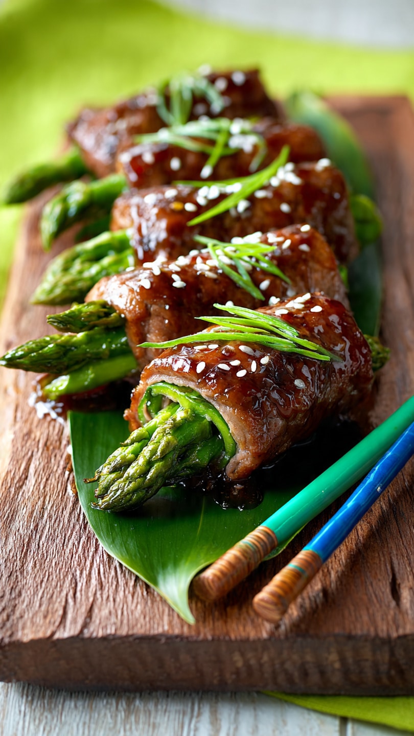 Five glossy brown meat rolls wrapped around green asparagus and leaves rest on a green leaf atop a textured wooden board. The meat is shiny with a glaze and sprinkled with small white sesame seeds. One roll at the front is sliced to show the green asparagus inside layered with the brown meat. To the right, a pair of colorful chopsticks with blue, green, and brown handles lie on a white marbled surface. A bright green cloth is visible in the upper part of the image. photo taken with an iphone --ar 4:5 --v 7