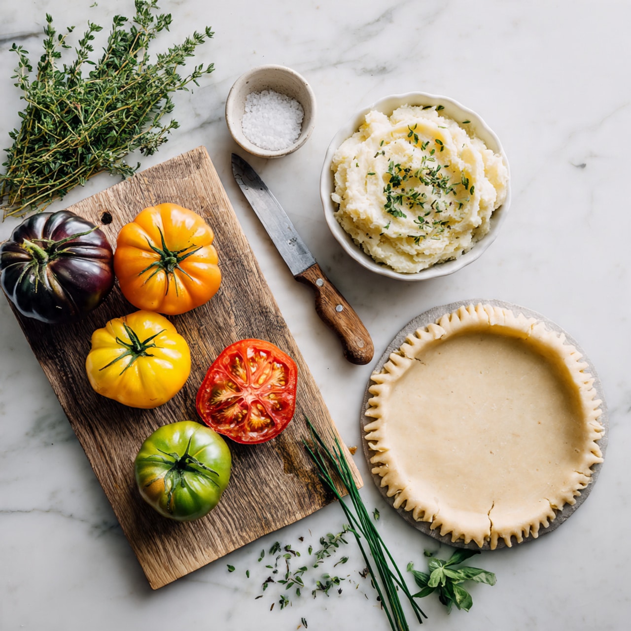 The image shows a wooden cutting board on a white marbled surface with seven colorful heirloom tomatoes in red, green, yellow, orange, and dark purple shades, one of which is sliced to reveal a juicy interior. A knife with a wooden handle lies on the board next to the sliced tomatoes. To the right of the cutting board is a round, uncooked pie crust resting directly on the white marbled surface. Above the pie crust is a white bowl filled with creamy mashed potatoes garnished with herbs. Beside the bowl is a small white dish filled with salt and some fresh green basil leaves. In the foreground, there is a bunch of fresh chives along with sprigs of thyme scattered around. Photo taken with an iphone --ar 4:5 --v 7