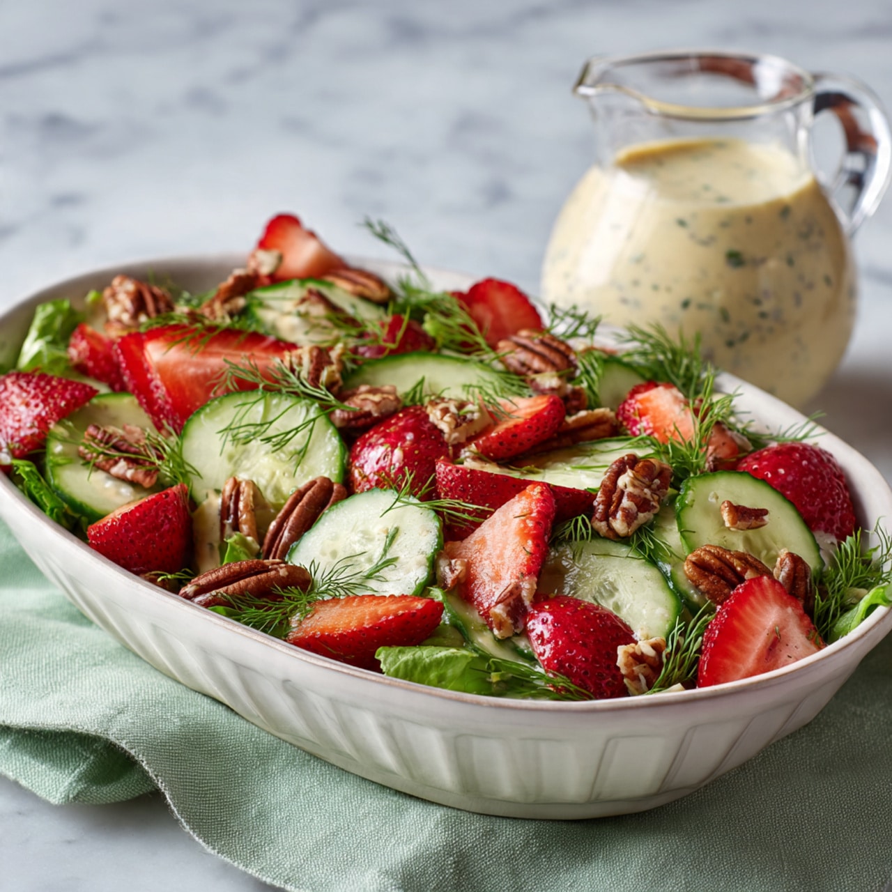 The image shows a fresh salad in a white oval dish placed on a light green cloth over a white marbled surface. The salad has three main layers: a green leafy base, mostly hidden but visible along the edges; sliced cucumber pieces evenly spread across the top with dark green skin and pale green inside; and bright red strawberries, some whole and some halved, scattered throughout the salad. Small pecan halves and sprigs of fresh dill add texture and a contrast of brown and bright green colors on top of the salad. To the upper right of the dish is a clear glass pitcher filled with creamy poppy seed dressing. The overall look is colorful and fresh, with a mix of smooth and crunchy textures in natural colors. photo taken with an iphone --ar 4:5 --v 7