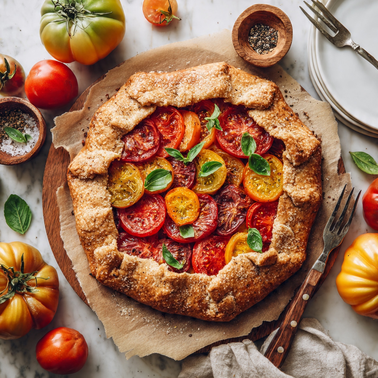 A round galette with a thick, golden-brown crust folded unevenly over a colorful mix of tomato slices in red, orange, and yellow shades. The tomato layer shows a soft, slightly juicy texture with some seeds visible. Fresh green basil leaves are scattered on top, adding a fresh bright green contrast. The galette sits on a sheet of parchment paper placed on a wooden board, which rests on a white marbled surface. Nearby, two white plates are stacked with wooden-handled fork and knife lying on top, and a light green cloth with red edging is partially visible at the edge. A small wooden bowl of cracked black pepper is placed next to the galette. photo taken with an iphone --ar 4:5 --v 7