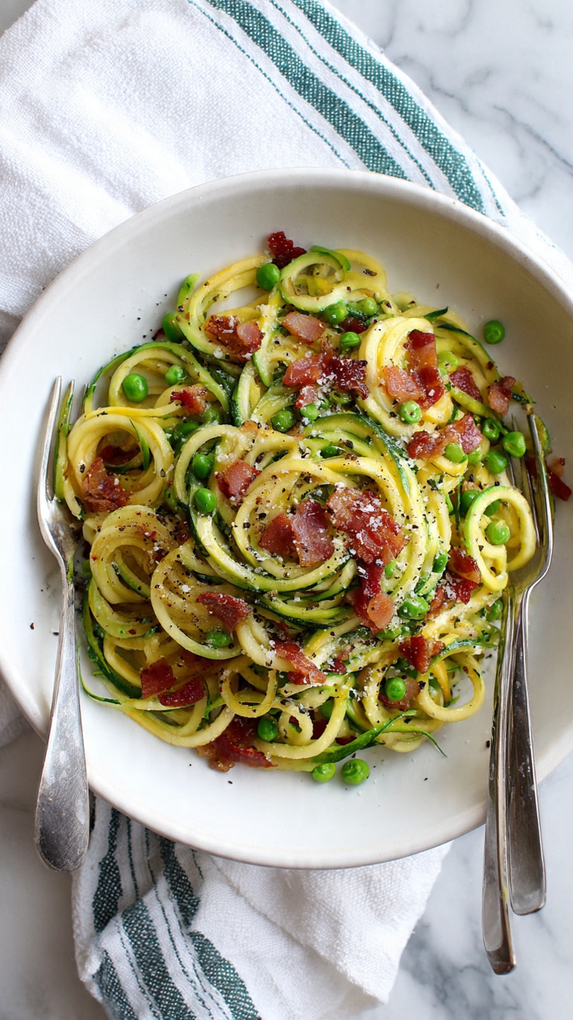 A white plate holds a serving of spiral-shaped zucchini noodles that are bright green and pale yellow with a fresh, slightly wet texture. Mixed in are small pieces of crispy, reddish-brown bacon scattered evenly through the noodles. There are also tiny green peas nestled within the noodles, adding bursts of color. The dish is lightly sprinkled with fine white grated cheese, and black pepper flakes are visible on top. A fork and a knife rest on the edge of the plate, which is placed on a white marbled surface with a white cloth featuring blue and green stripes nearby. photo taken with an iphone --ar 4:5 --v 7
