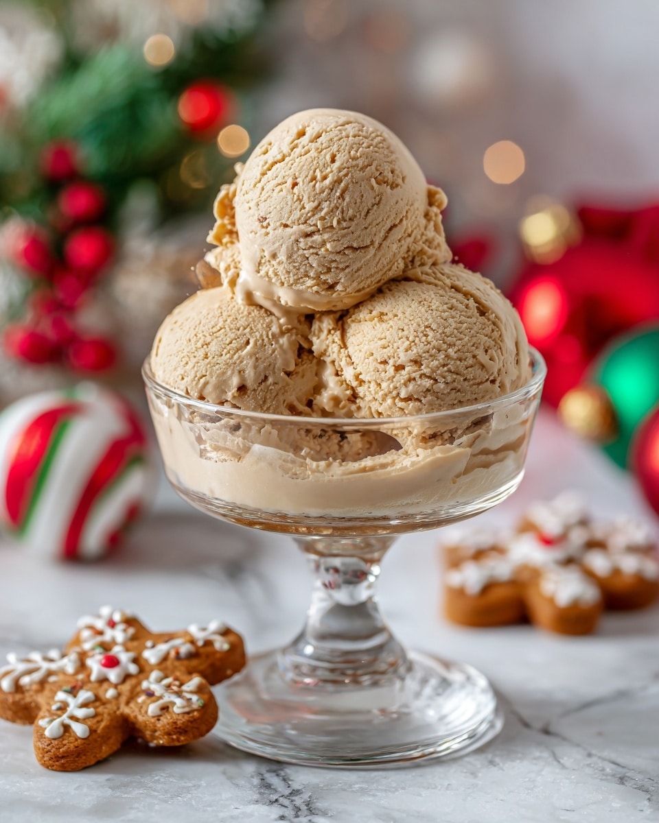 The image shows a glass dessert cup filled with three scoops of light brown ice cream with a creamy, slightly rough texture, stacked on top of each other. The glass has a clear round base and is placed on a white marbled surface. In the background, there are blurry festive ornaments in red, green, and white colors. There are also gingerbread cookies decorated with white icing and small red and green candies lying on the white marbled surface near the base of the glass. The whole scene is bright with soft, warm lighting, and the focus is on the ice cream scoops in the glass. Photo taken with an iphone --ar 4:5 --v 7