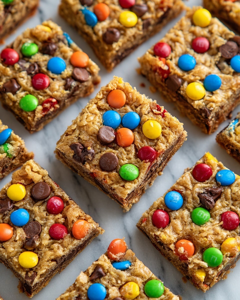 The image shows a large tray of cookie bars cut into squares, with one square slightly lifted. The cookie bars have a golden brown, textured oat-like surface filled with small chocolate chips scattered throughout. Colorful candy-coated chocolate pieces in red, blue, green, yellow, and orange are spread over the top of each square, adding bright spots of color. The cookie bars are arranged close together on a white marbled surface, and the edges of each piece are slightly rough and crumbly. Photo taken with an iphone --ar 4:5 --v 7
