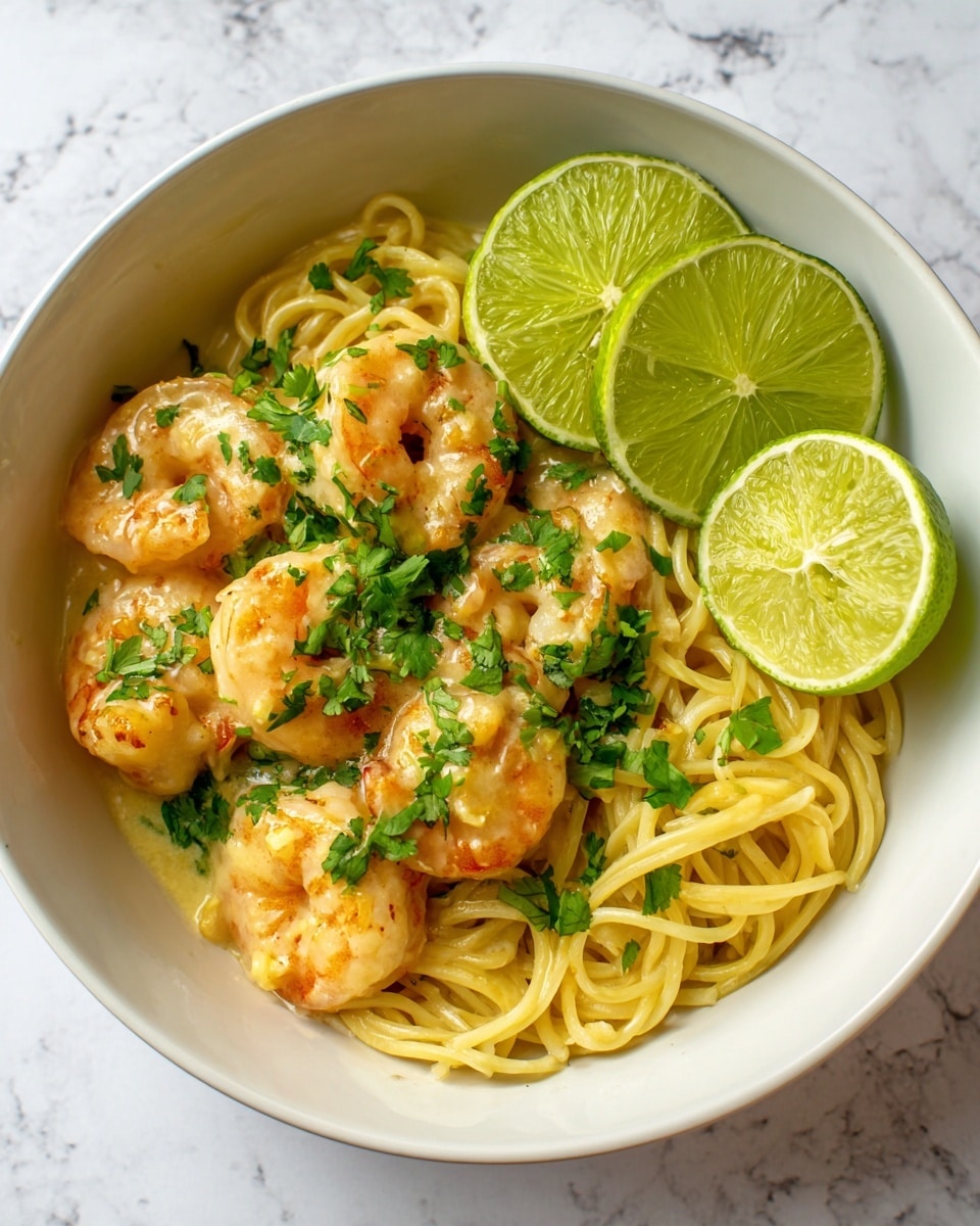 A white bowl filled with three main layers: at the base is a layer of yellow spaghetti noodles, above it is a layer of several plump shrimp covered in a light, creamy sauce with a slight shine; the top layer has bright green cilantro leaves scattered across the shrimp and two lime slices placed on the edge of the bowl. The bowl sits on a white marbled surface with soft natural light highlighting the textures. photo taken with an iphone --ar 4:5 --v 7