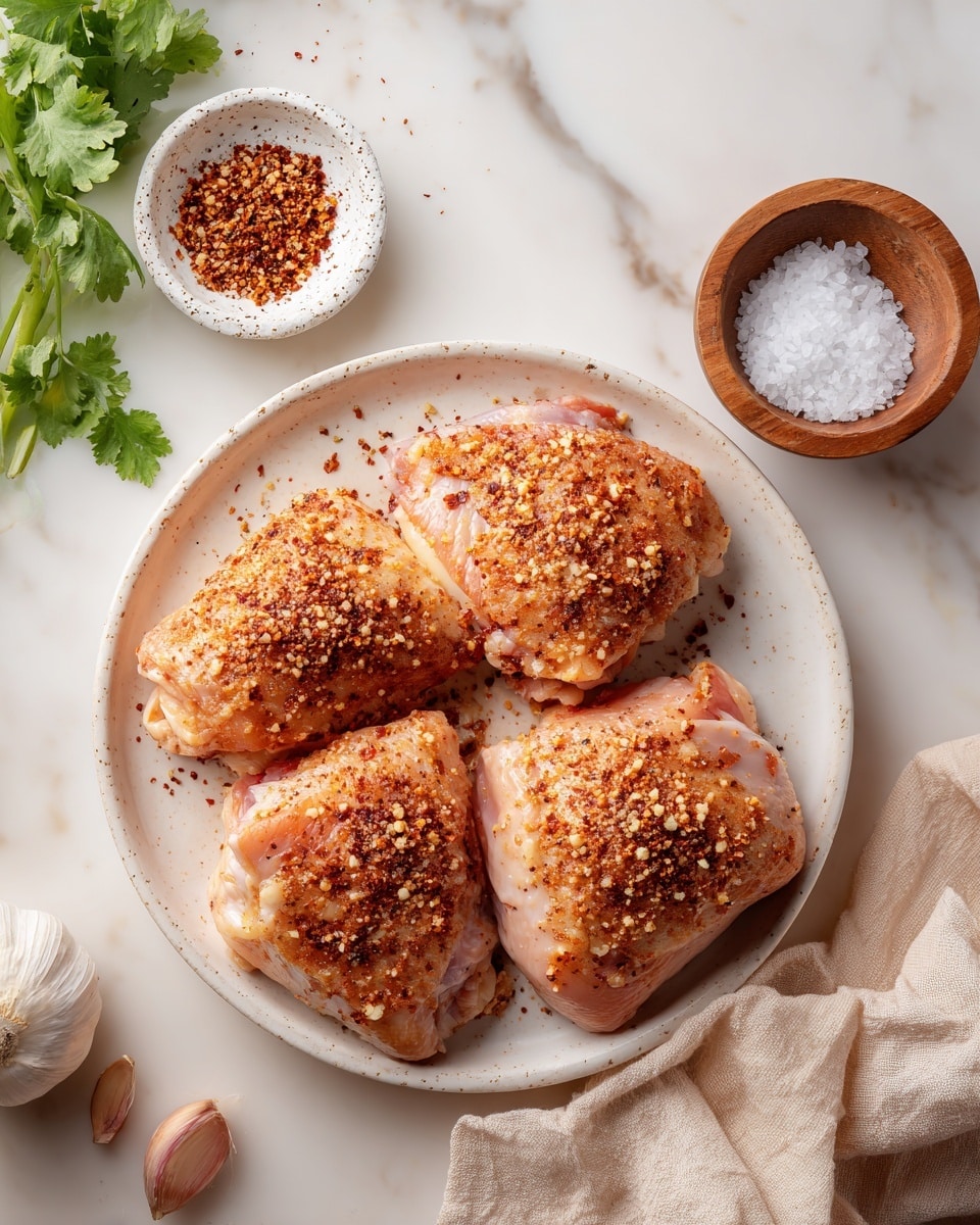 A white speckled plate holds four raw pink chicken pieces arranged closely together, each sprinkled with a reddish-brown spice mix and coarse white salt, creating a textured and colorful topping. To the upper left of the plate, a small white speckled dish contains more of the reddish-brown spices, and to the upper right, a small wooden bowl holds white salt. The scene is set on a white marbled surface with a sprig of green cilantro and a garlic bulb slightly visible in the bottom left corner, plus a soft beige cloth in the bottom right. photo taken with an iphone --ar 4:5 --v 7