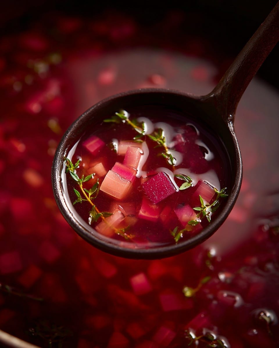 A close-up of a dark ladle filled with a bright pink and red chunky soup, showing small cube-shaped vegetable pieces and sprigs of green herbs in a clear broth. The ladle is held over a deep pot with a dark red liquid base that has a slightly glossy surface. The image has a warm, rich color palette with contrasting textures between the smooth broth and the firm vegetables. photo taken with an iphone --ar 4:5 --v 7