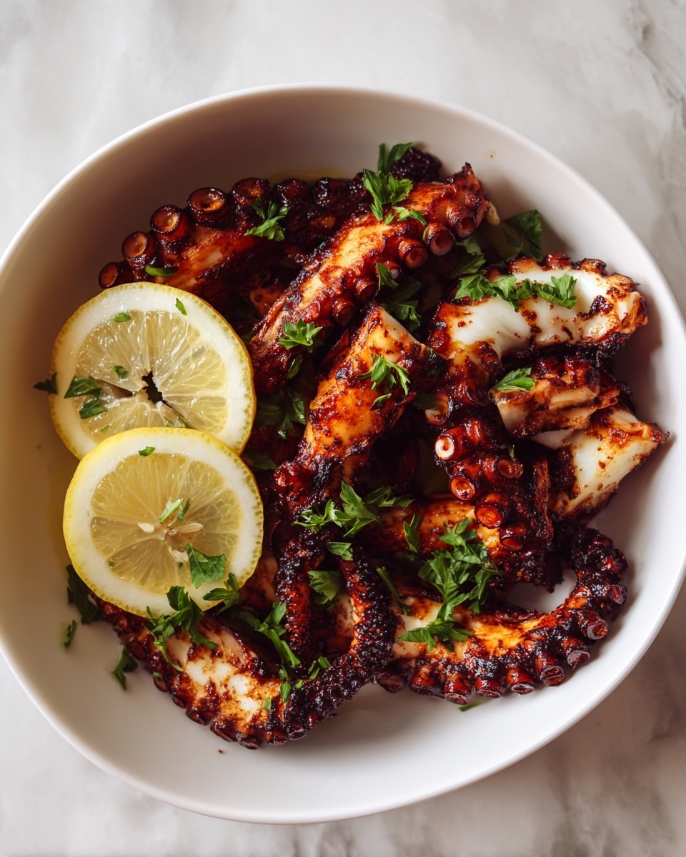 A white bowl filled with grilled octopus tentacles that are charred and deep reddish-brown with some parts white and tender-looking, sprinkled with small green parsley leaves. Inside the bowl, on one side, there are three thin lemon slices with bright yellow peel and pale yellow inner flesh. The bowl sits on a white marbled surface. photo taken with an iphone --ar 4:5 --v 7