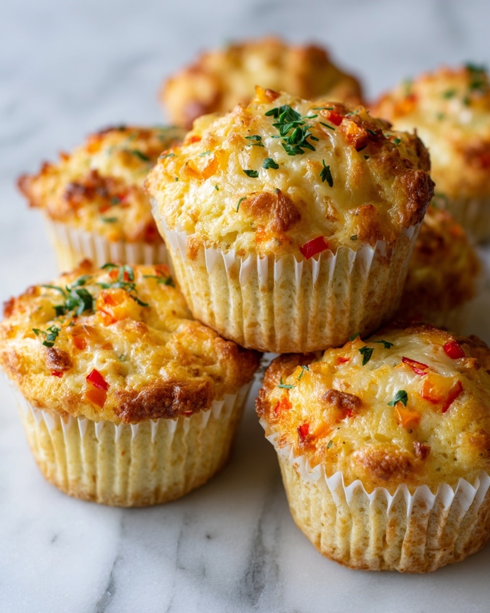 The image shows a group of muffins placed closely together on a white marbled surface. Each muffin has a light golden-yellow base with visible white paper liners, and the top layer is a textured mixture of melted cheese with orange and red pieces, likely bell peppers, scattered inside. There are small green herbs sprinkled on top of the cheese, adding a fresh look. The muffins appear fluffy with some browned spots on the surface, and the background is softly blurred, emphasizing the front muffins. photo taken with an iphone --ar 4:5 --v 7