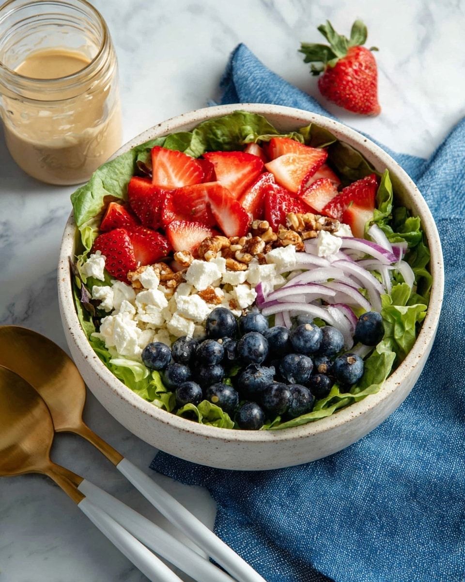 A fresh salad in a white bowl with four main layers: the bottom is light to medium green leafy lettuce with a crisp texture, the second layer has bright red sliced strawberries and small dark blue blueberries scattered evenly, the third layer consists of thin white cheese pieces and thin pale purple onion strips, and the top layer is sprinkled with crunchy brown roasted nuts, all resting on a white marbled surface with a blue cloth beneath the bowl and white and gold salad spoons placed beside it, with a glass jar of beige dressing partially visible in the background photo taken with an iphone --ar 4:5 --v 7