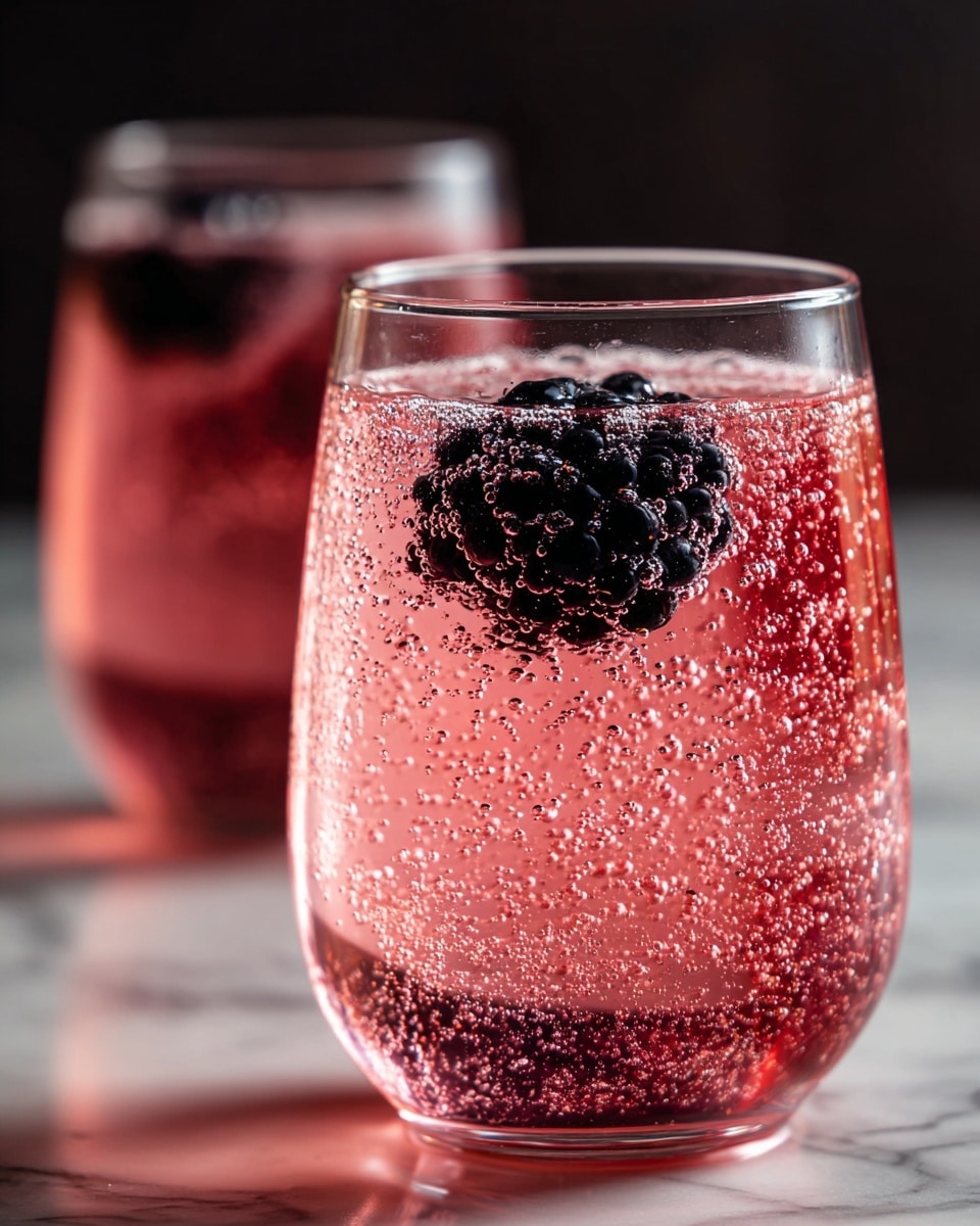 A clear glass filled with a fizzy pink drink has a large blackberry inside, surrounded by tiny bubbles clinging to both the fruit and the inside of the glass. The liquid is light pink with a sparkling texture from the carbonation. In the blurry background, there is another similar glass, also holding a pink drink, with light red reflections creating a warm tone. The scene is set against a dark background with a white marbled surface below, highlighting the colors and bubbles in the drink. Photo taken with an iphone --ar 4:5 --v 7