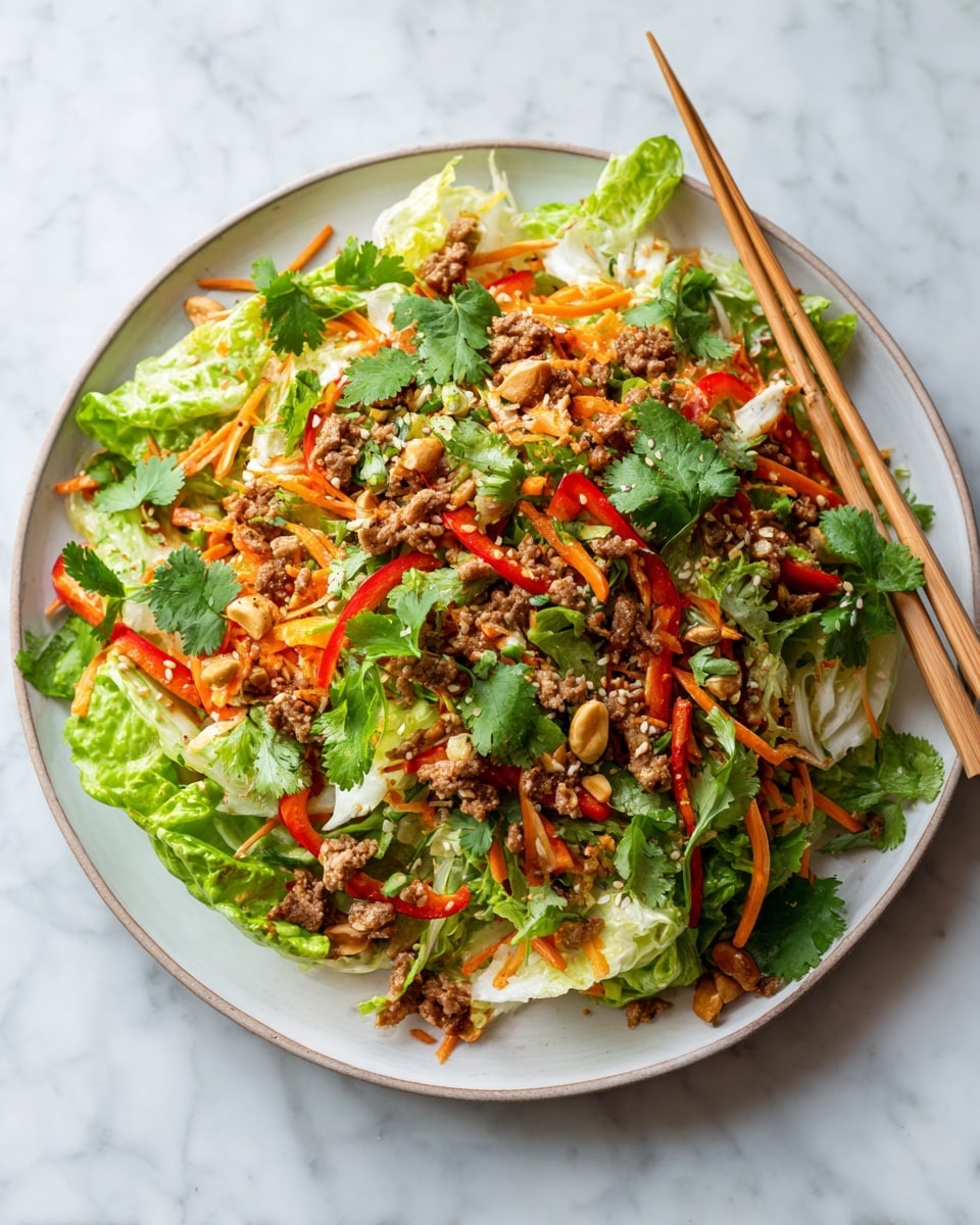 A tall mound of colorful salad sits on a round white plate placed on a white marbled surface, showing layers of bright green leafy lettuce, sliced red bell peppers, and thin orange carrot ribbons mixed with fresh cilantro leaves. Scattered on top are pieces of cooked brown meat with a light char, sprinkled with toasted sesame seeds and small nut pieces, adding texture. Two light wooden chopsticks rest on the edge of the plate, angled outward. The image is well lit, highlighting the fresh and vibrant ingredients. photo taken with an iphone --ar 4:5 --v 7