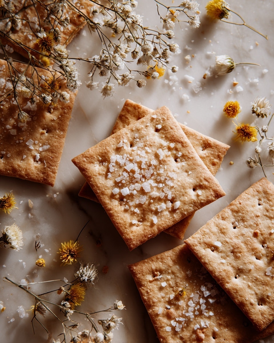 Multiple square crackers with a light brown, grainy texture are spread out on a white marbled surface. Each cracker has coarse white salt flakes sprinkled on top, adding a slightly shiny and rough texture. Small dried yellow and white flowers are scattered around the crackers, creating a natural and rustic look. The scene is softly lit, highlighting the details and textures of the crackers and salt. Photo taken with an iphone --ar 4:5 --v 7