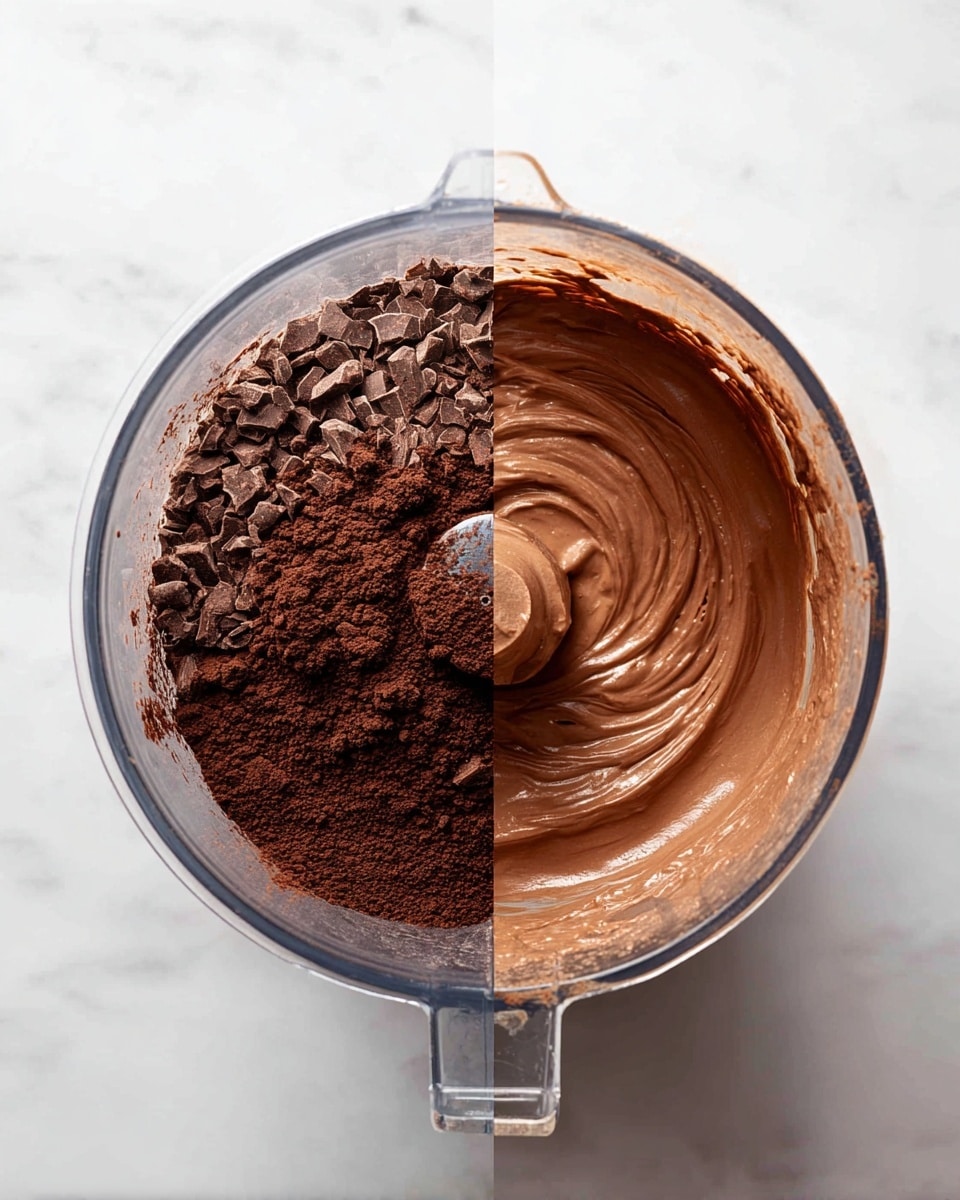 The image shows two side-by-side views of a clear blender container on a white marbled surface. The left view has three main layers: a base of small brownish pieces partially covered by a thick layer of dark brown cocoa powder scattered unevenly on top with some lighter spots. The right view shows the same blender with a single smooth, thick creamy layer of rich chocolate brown mixture, lightly coating the blender's clear walls with swirls in the middle where the blade is visible. photo taken with an iphone --ar 4:5 --v 7