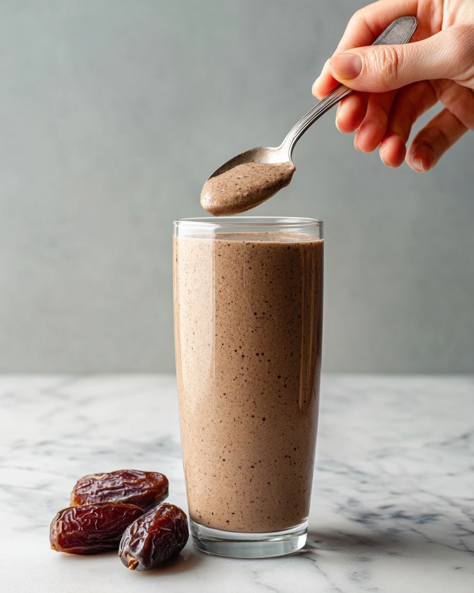 A tall clear glass filled with a thick light brown smoothie, showing a slightly grainy texture. On top, a woman's hand holds a silver spoon scooping up a spoonful of the smoothie, capturing its creamy and slightly textured surface. Surrounding the glass are a few whole and halved dark brown dates placed on a white marbled background, adding a natural touch. The light and shadow give the drink a fresh and appetizing look. photo taken with an iphone --ar 4:5 --v 7