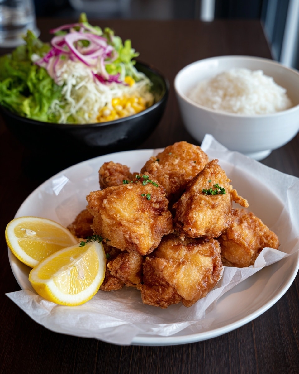 A white plate lined with white paper holds a pile of crispy, golden-brown fried chicken pieces with small white crunchy bits on the surface, accompanied by two slices of bright yellow lemon on the side. To the upper right, there is a white bowl filled with steamed white rice. Below that, a dark bowl contains a fresh salad with green lettuce, shredded white cabbage, corn kernels, and thin slices of red onion. The setting is on a dark wooden table. Photo taken with an iphone --ar 4:5 --v 7