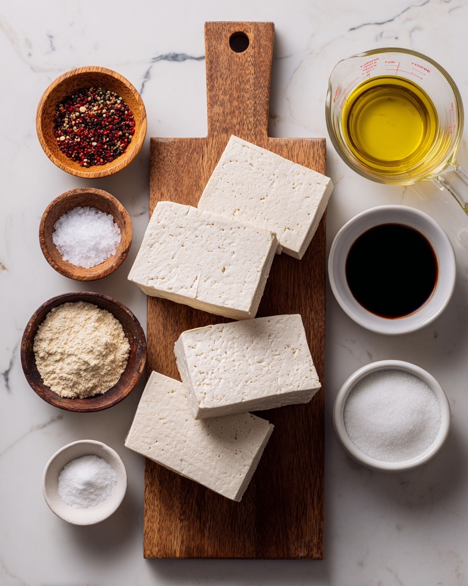 The image shows two blocks of tofu with different textures placed on a wooden cutting board in the center. Surrounding the board are six small bowls on a white marbled surface: one bowl contains a mix of red, black, and beige spices; another bowl holds white granulated salt; a wooden bowl has dark soy sauce; a white bowl contains a white powder, likely cornstarch; a white bowl is filled with a light yellow liquid, possibly oil; and part of a glass measuring cup with clear liquid is visible on the right edge. The setup is simple and clean. photo taken with an iphone --ar 4:5 --v 7