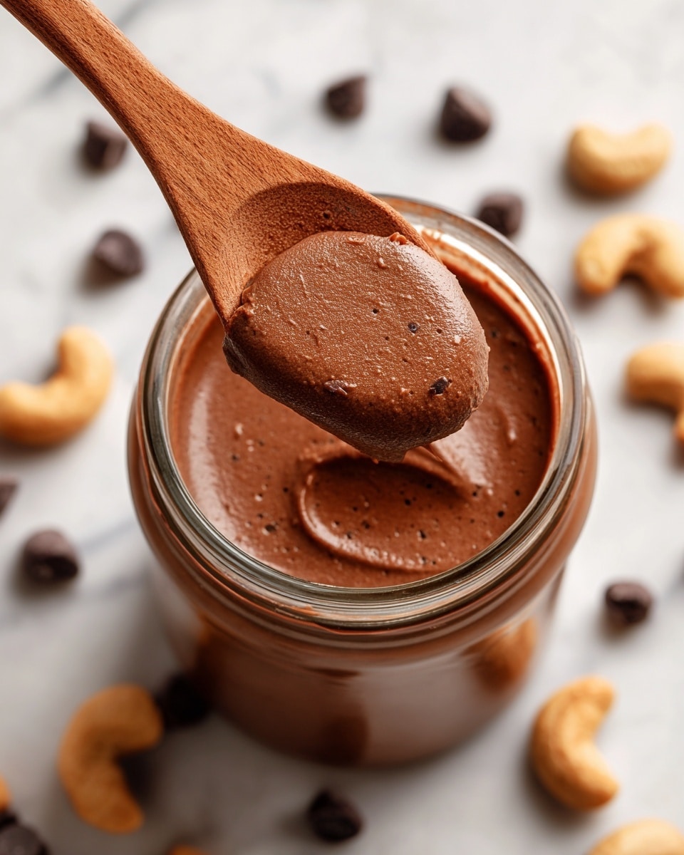 A clear glass jar filled with smooth, thick brown chocolate spread is shown from above, with a wooden spoon holding a rounded scoop of the spread hovering just above the jar, showing its shiny and creamy texture with some tiny bits visible. In the blurry background, dark chocolate chips and light brown cashew nuts are scattered randomly on a white marbled surface. The focus is sharp on the spoon and jar, making the chocolate spread appear rich and glossy. photo taken with an iphone --ar 4:5 --v 7